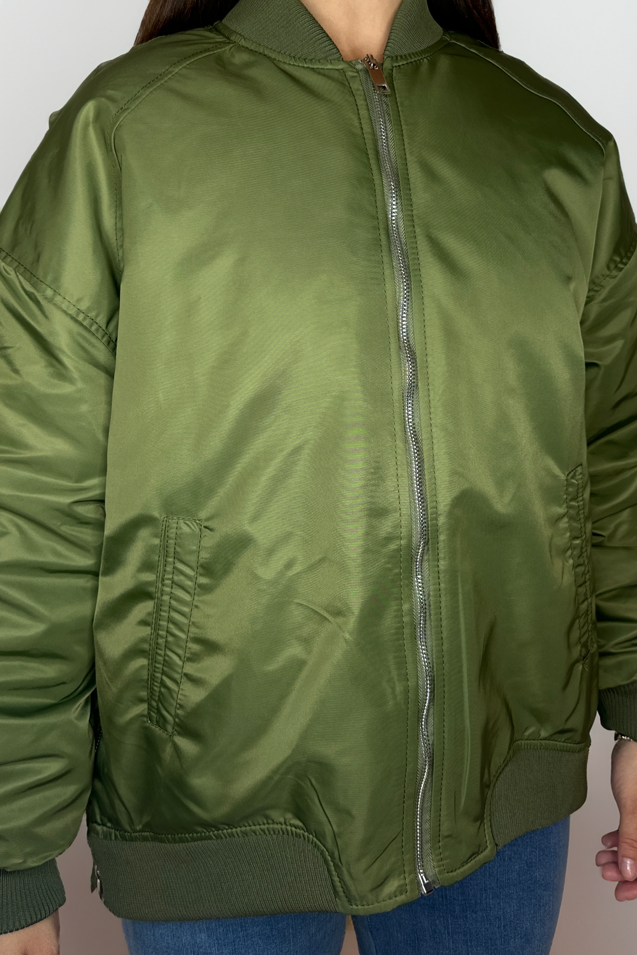 Side Zip Detail Relaxed Fit Bomber Jacket-SinglePrice