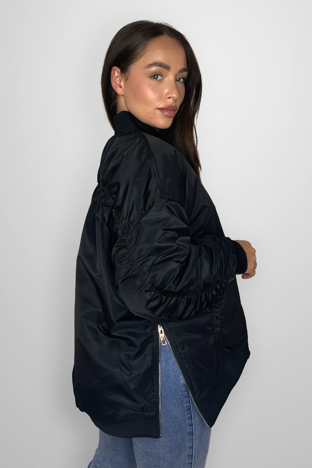 Side Zip Detail Relaxed Fit Bomber Jacket-SinglePrice