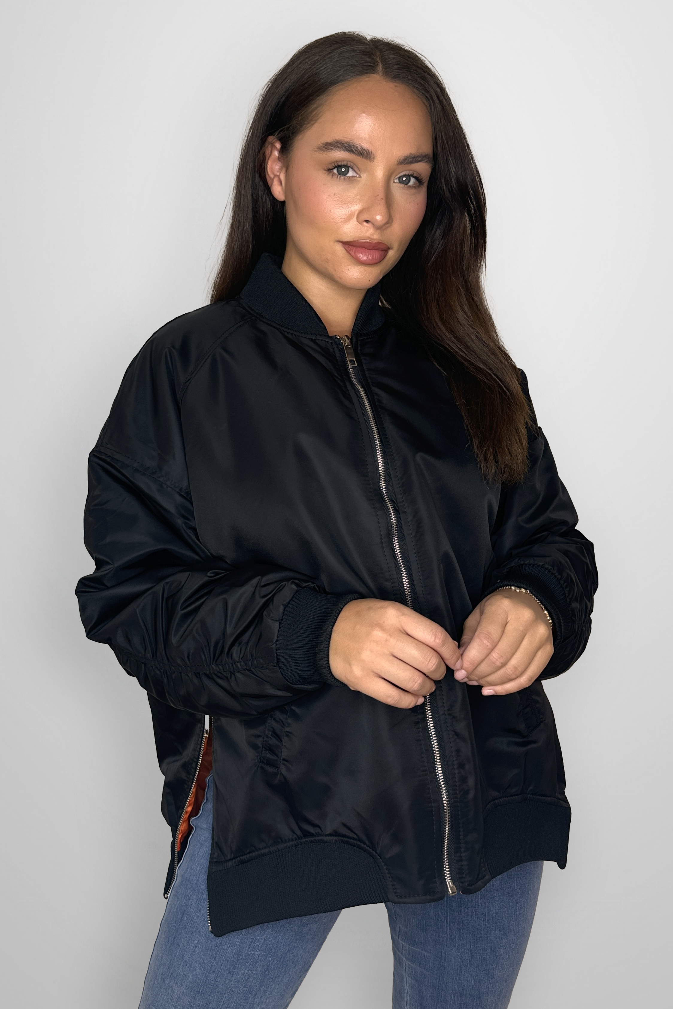 Side Zip Detail Relaxed Fit Bomber Jacket-SinglePrice