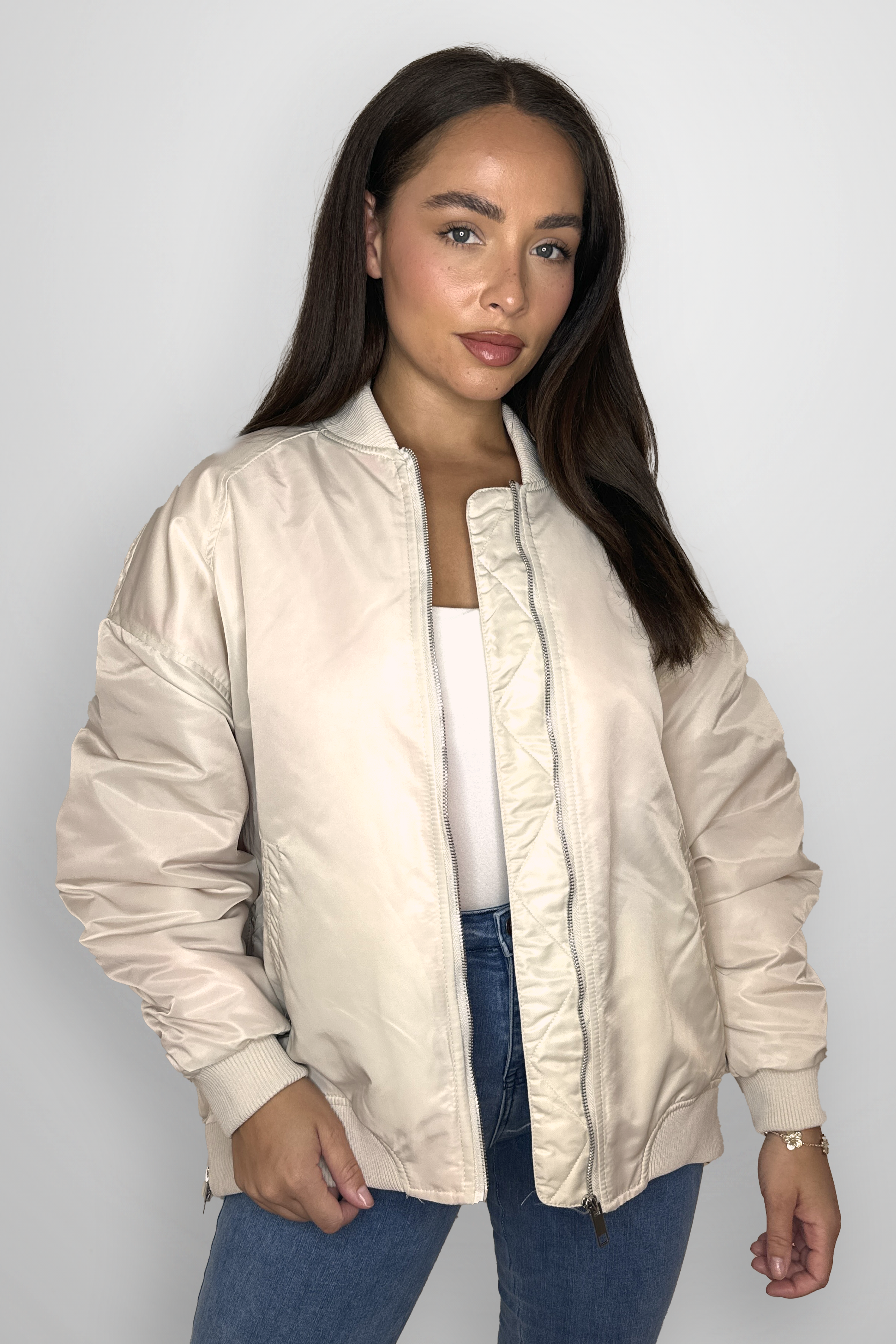 Side Zip Detail Relaxed Fit Bomber Jacket-SinglePrice