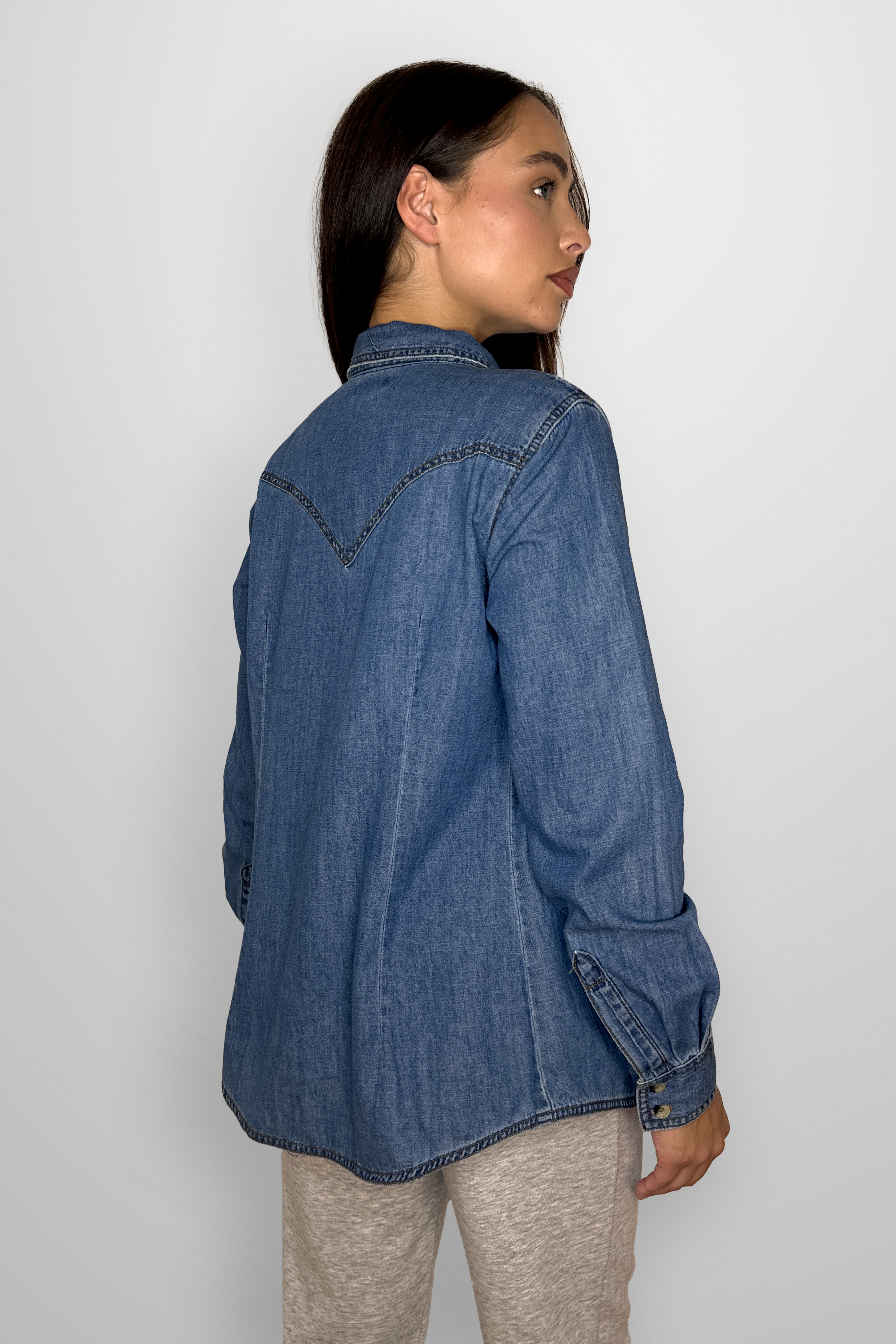 Contrast Stitching Relaxed Fit Classic Denim Shirt-SinglePrice