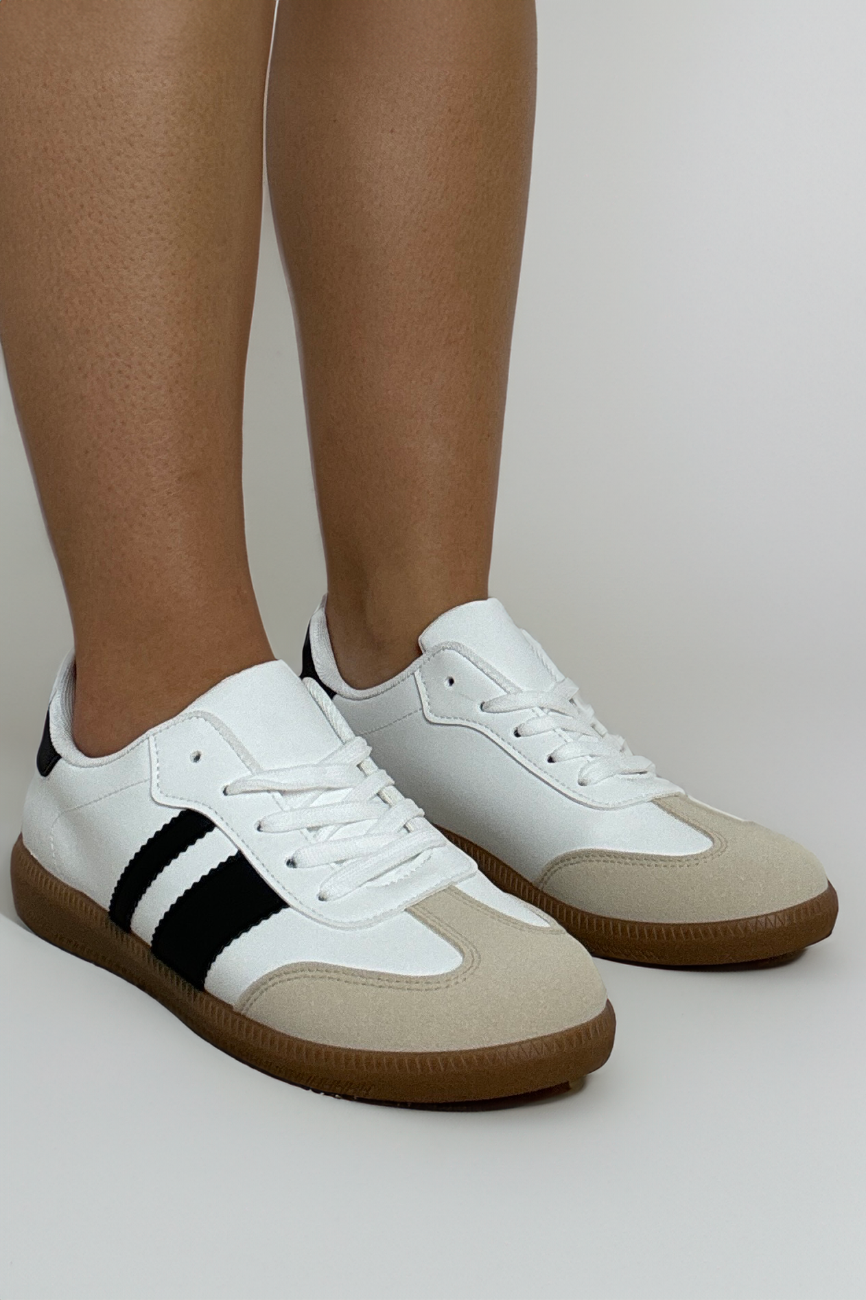 Contrast Panel Vegan Leather Flat Sole Lace Up Sneakers-SinglePrice