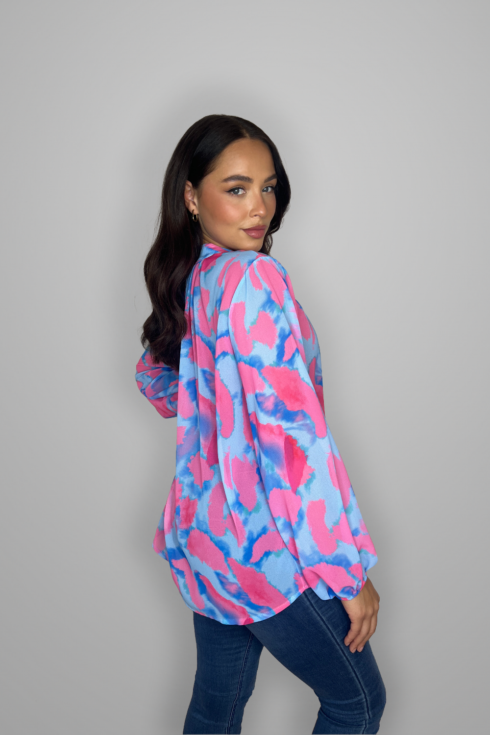 Multicolour Print Mock Neck Bell Sleeve Flowy Sheer Blouse