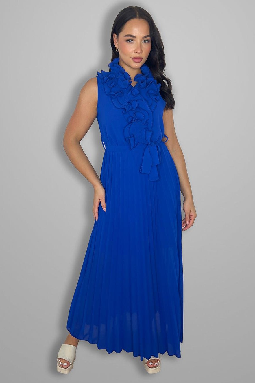 Ruffle Hem Neckline Tie Belt Sleeveless Pleated Chiffon Maxi Dress