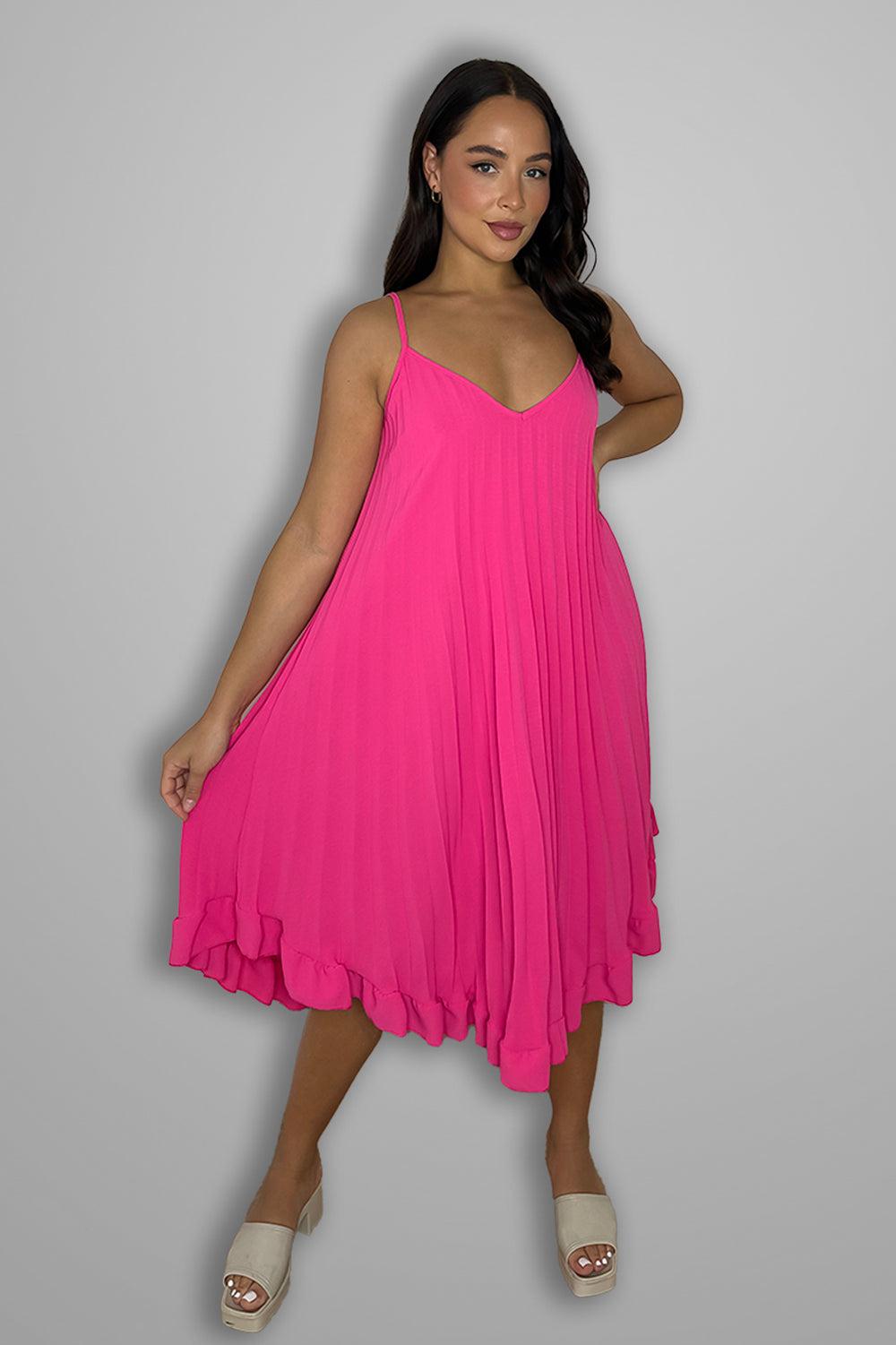 Strappy Pleated Frill Hem Chiffon Midi Dress-SinglePrice