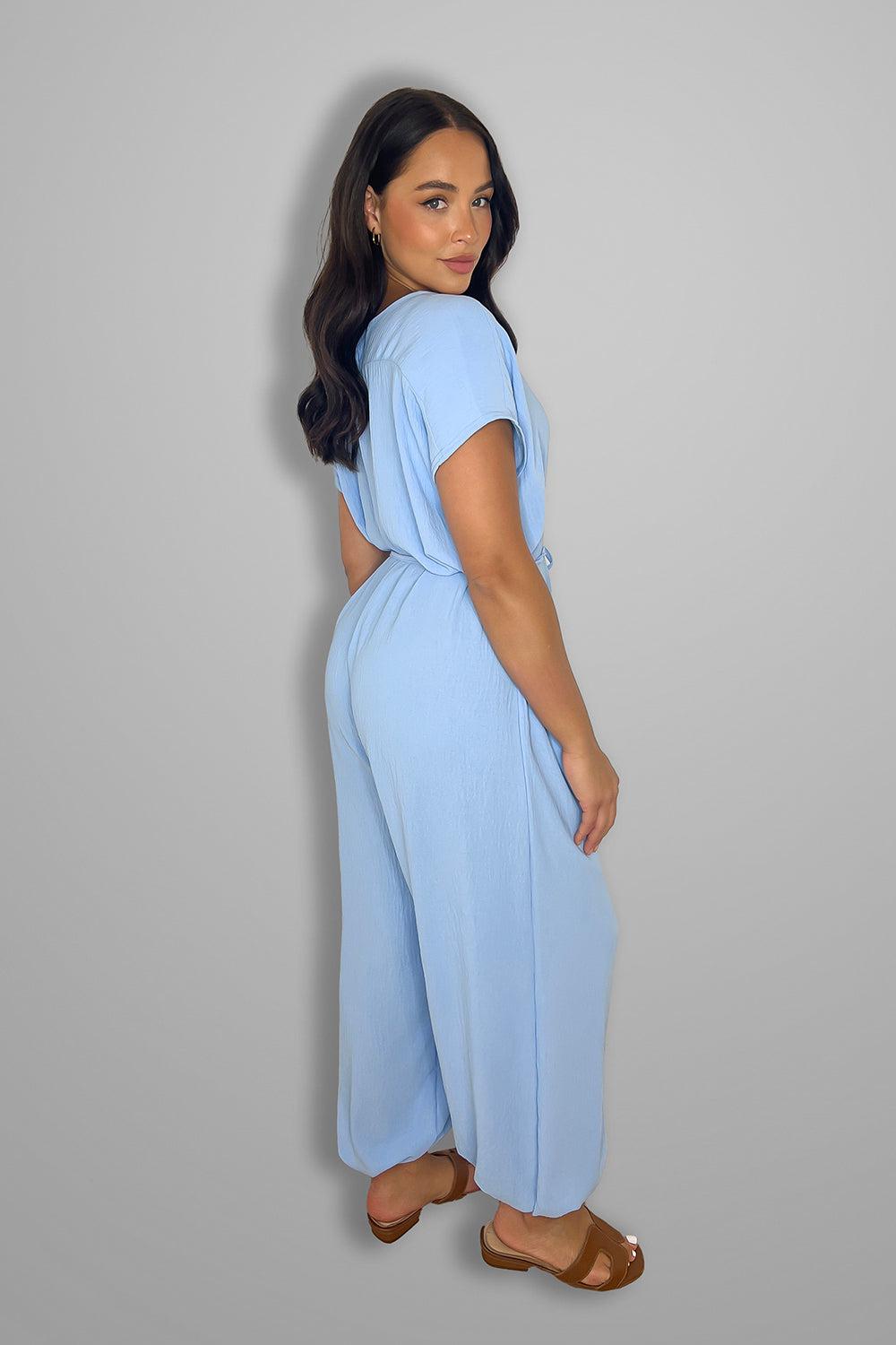 V Cut Short Sleeves Tie Belt Cuffed Wide Leg Jumpsuit