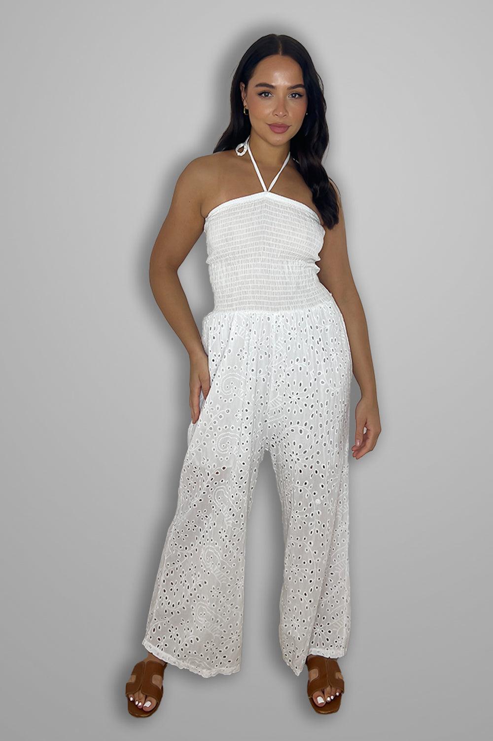 Versatile Halterneck Crochet Wide Leg Jumpsuit.-SinglePrice