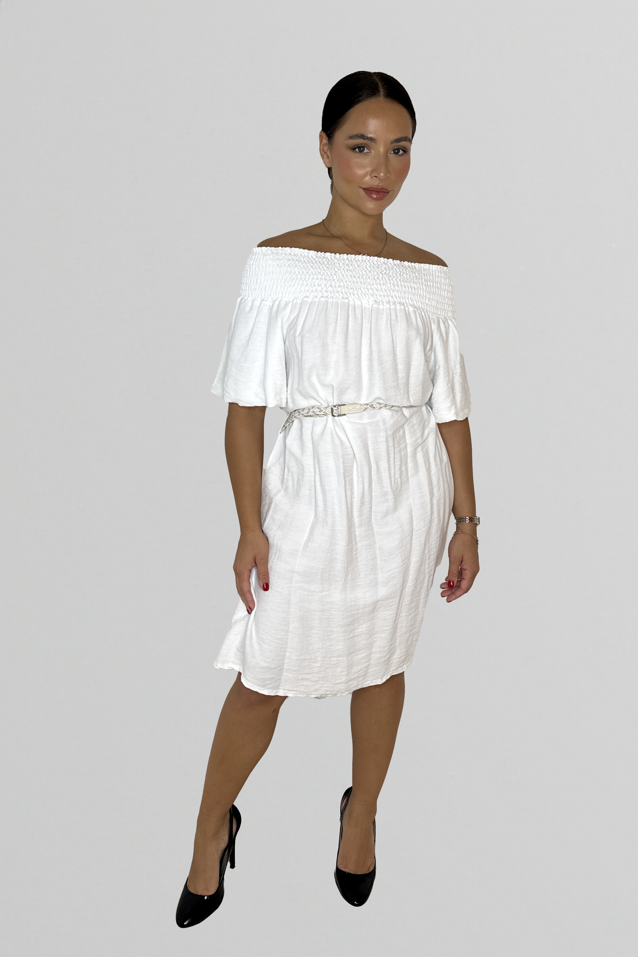 Off The Shoulder Belted Straight Cut Viscose Summer Dress-SinglePrice