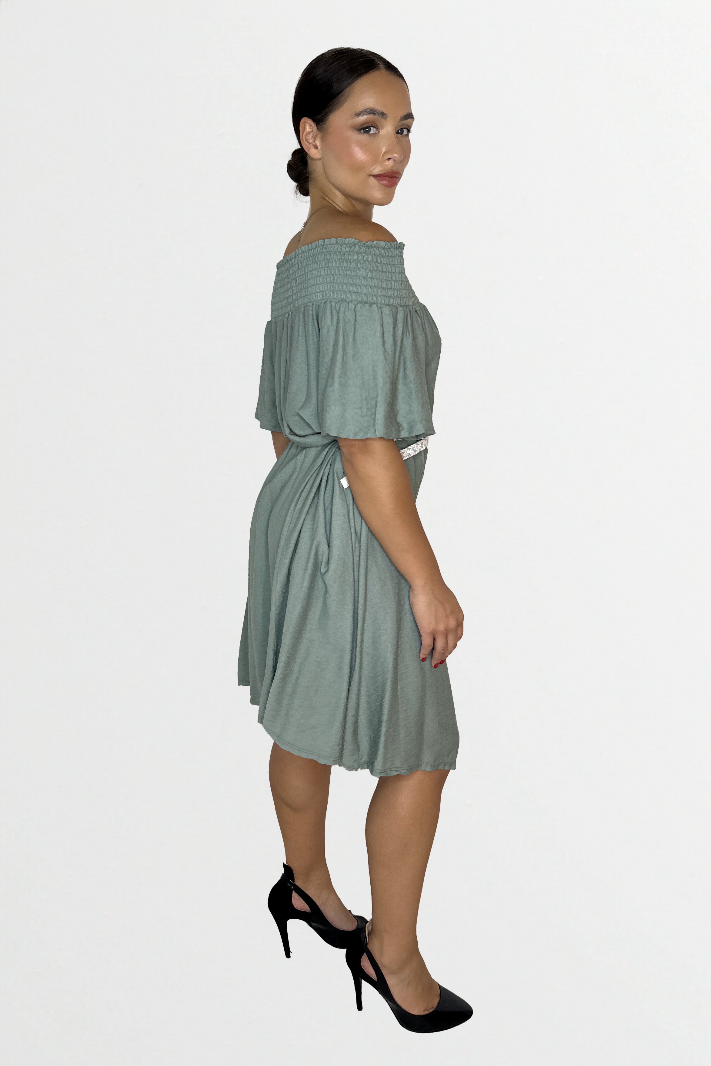 Off The Shoulder Belted Straight Cut Viscose Summer Dress-SinglePrice