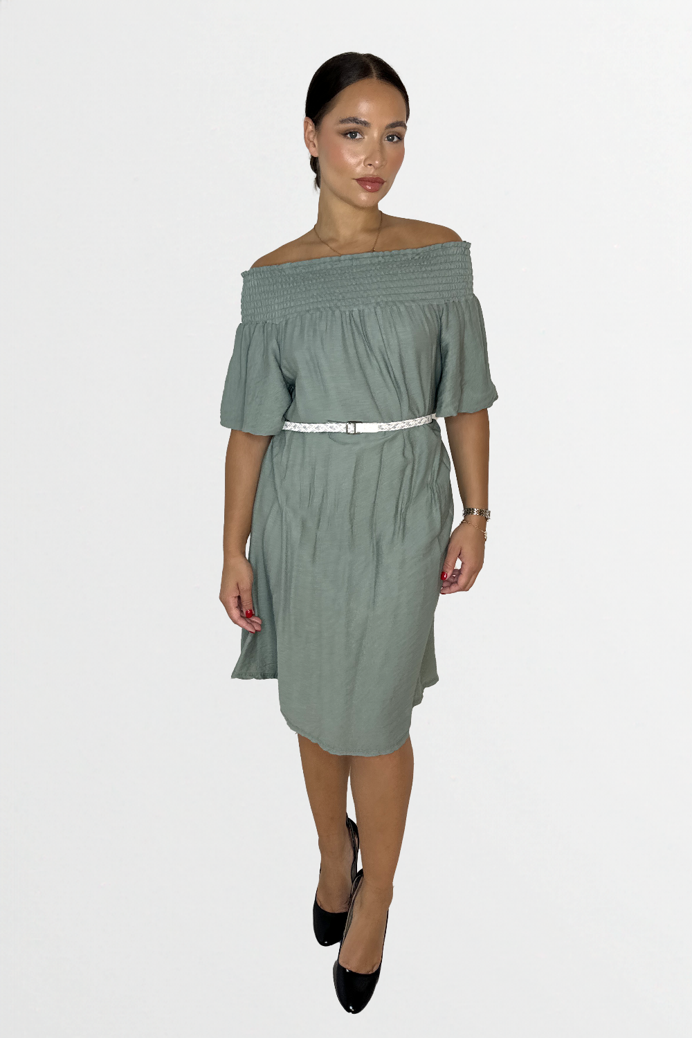 Off The Shoulder Belted Straight Cut Viscose Summer Dress-SinglePrice