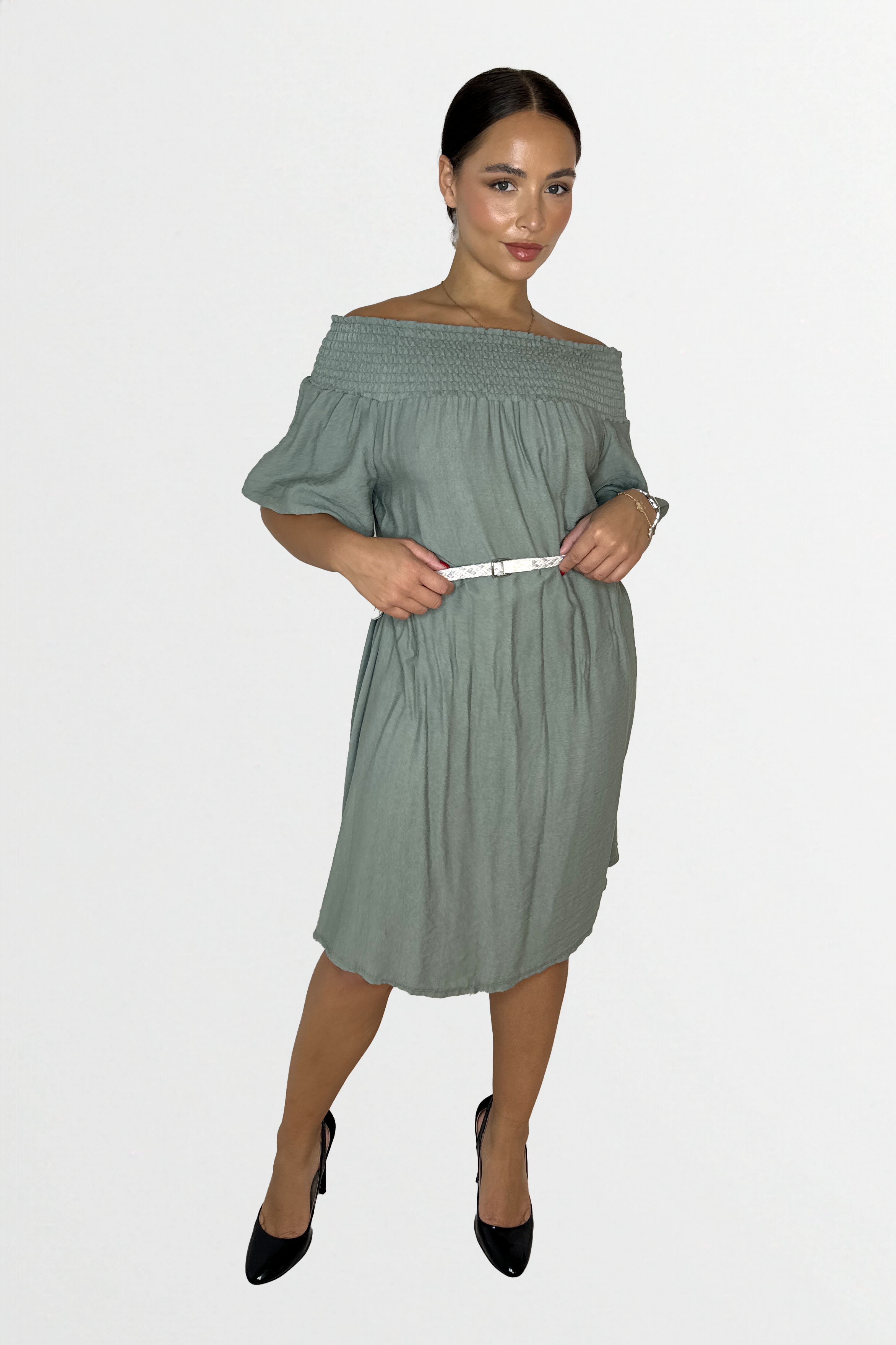 Off The Shoulder Belted Straight Cut Viscose Summer Dress-SinglePrice