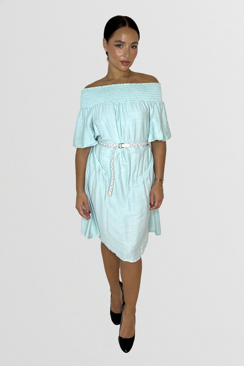 Off The Shoulder Belted Straight Cut Viscose Summer Dress-SinglePrice