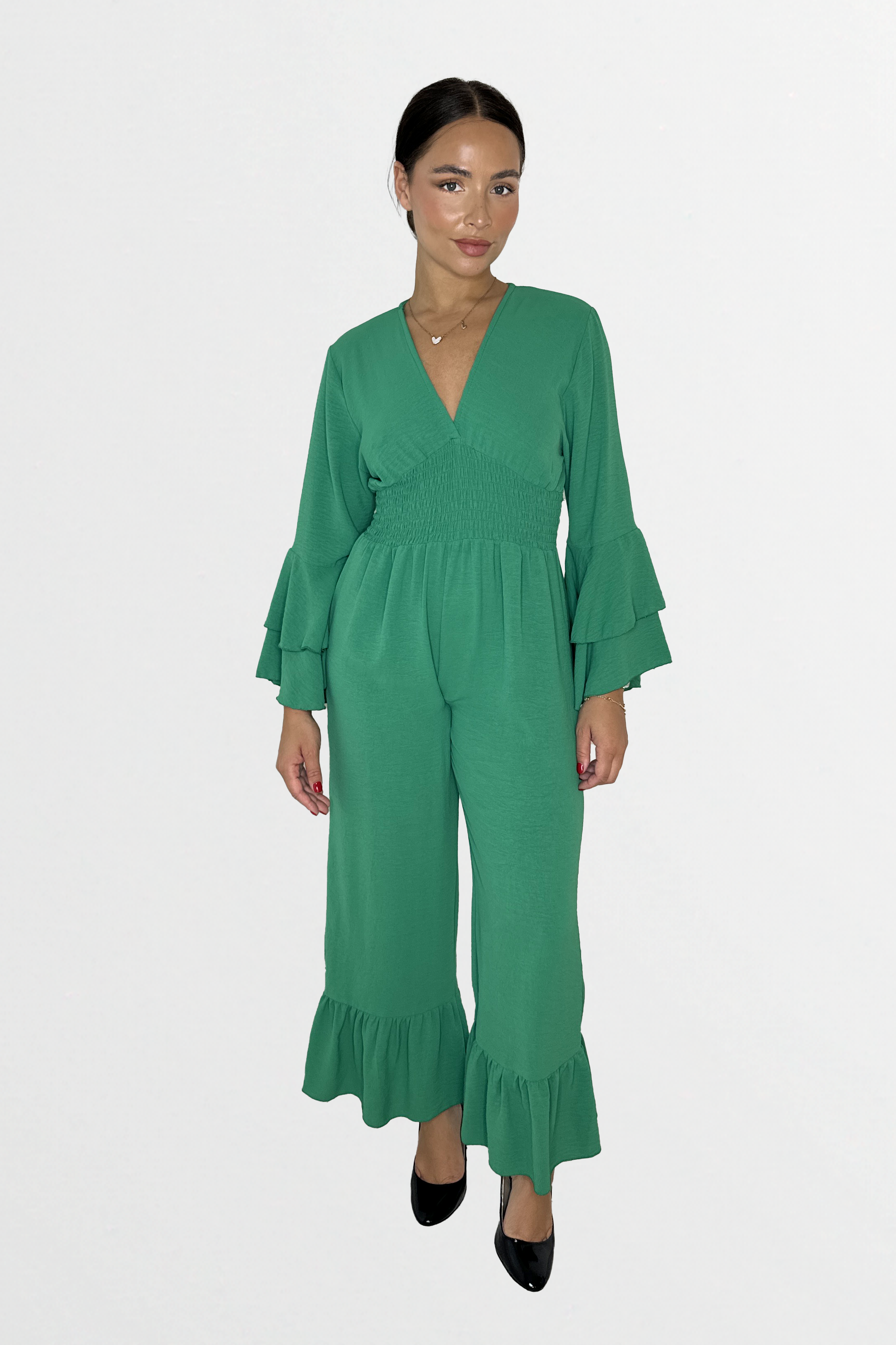 Low V-Cut Neck Bell Sleeve Cinched Waist Frill Wide Leg Petite Jumpsuit-SinglePrice