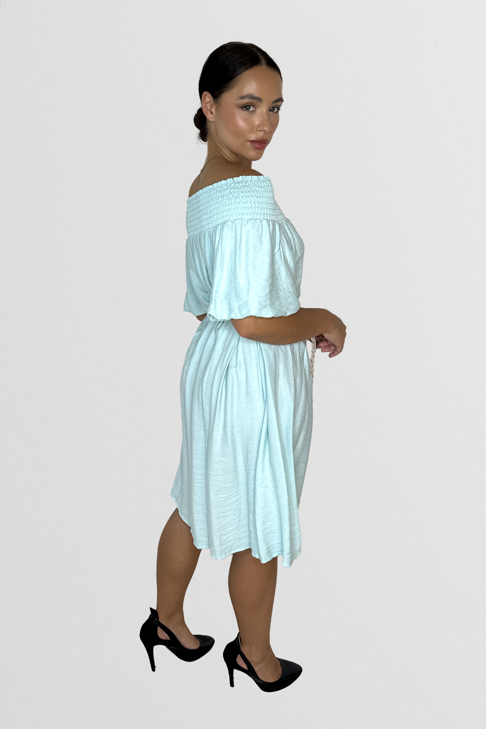 Off The Shoulder Belted Straight Cut Viscose Summer Dress-SinglePrice