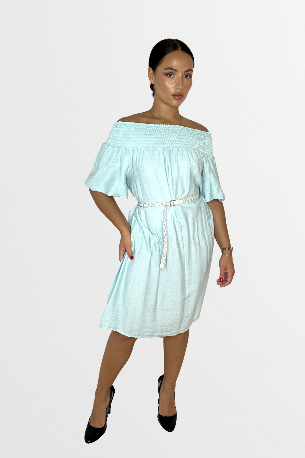 Off The Shoulder Belted Straight Cut Viscose Summer Dress-SinglePrice