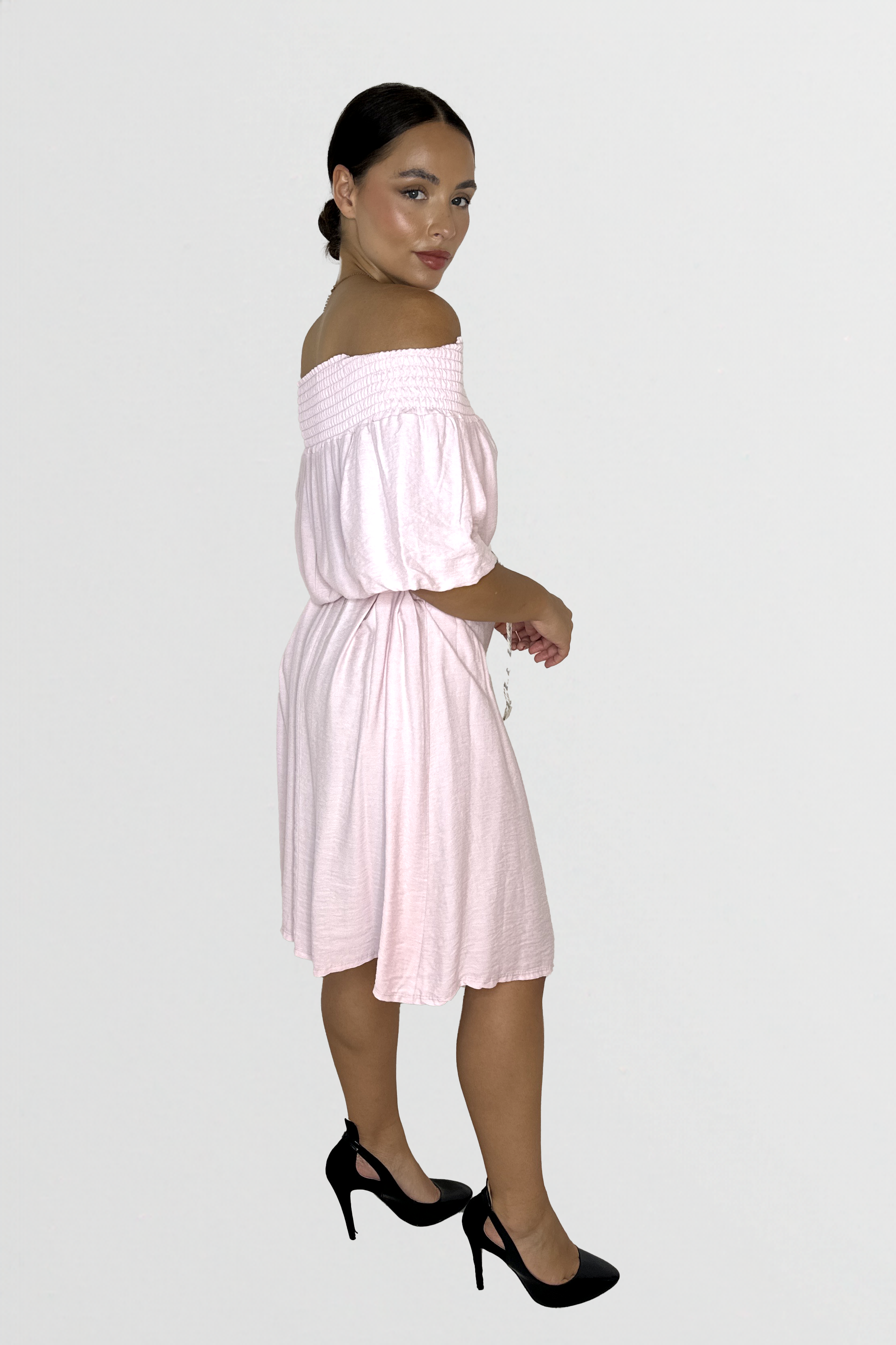 Off The Shoulder Belted Straight Cut Viscose Summer Dress-SinglePrice