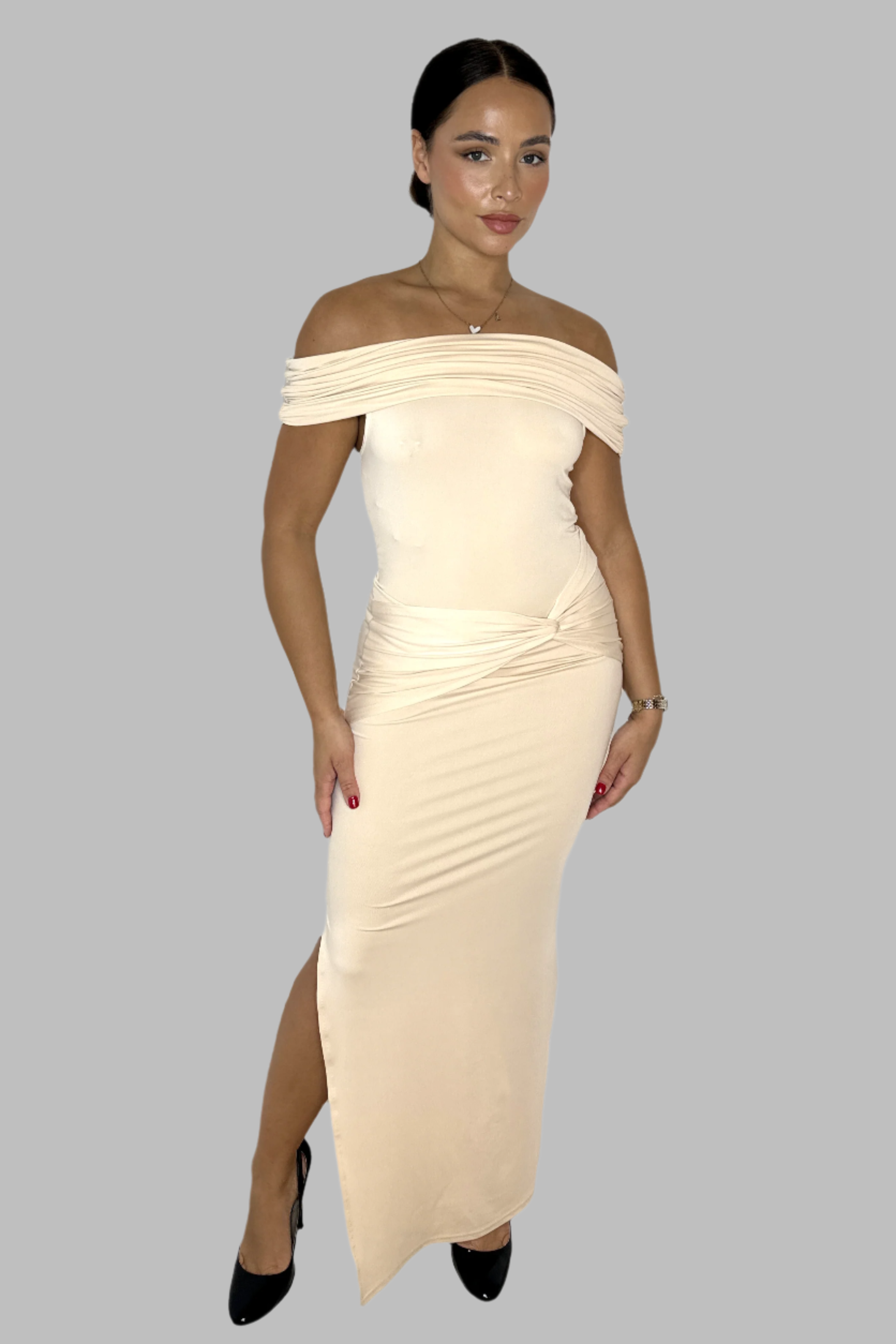 Stretchy Ruched Off The Shoulder Side Slit Slinky Maxi Dress-SinglePrice