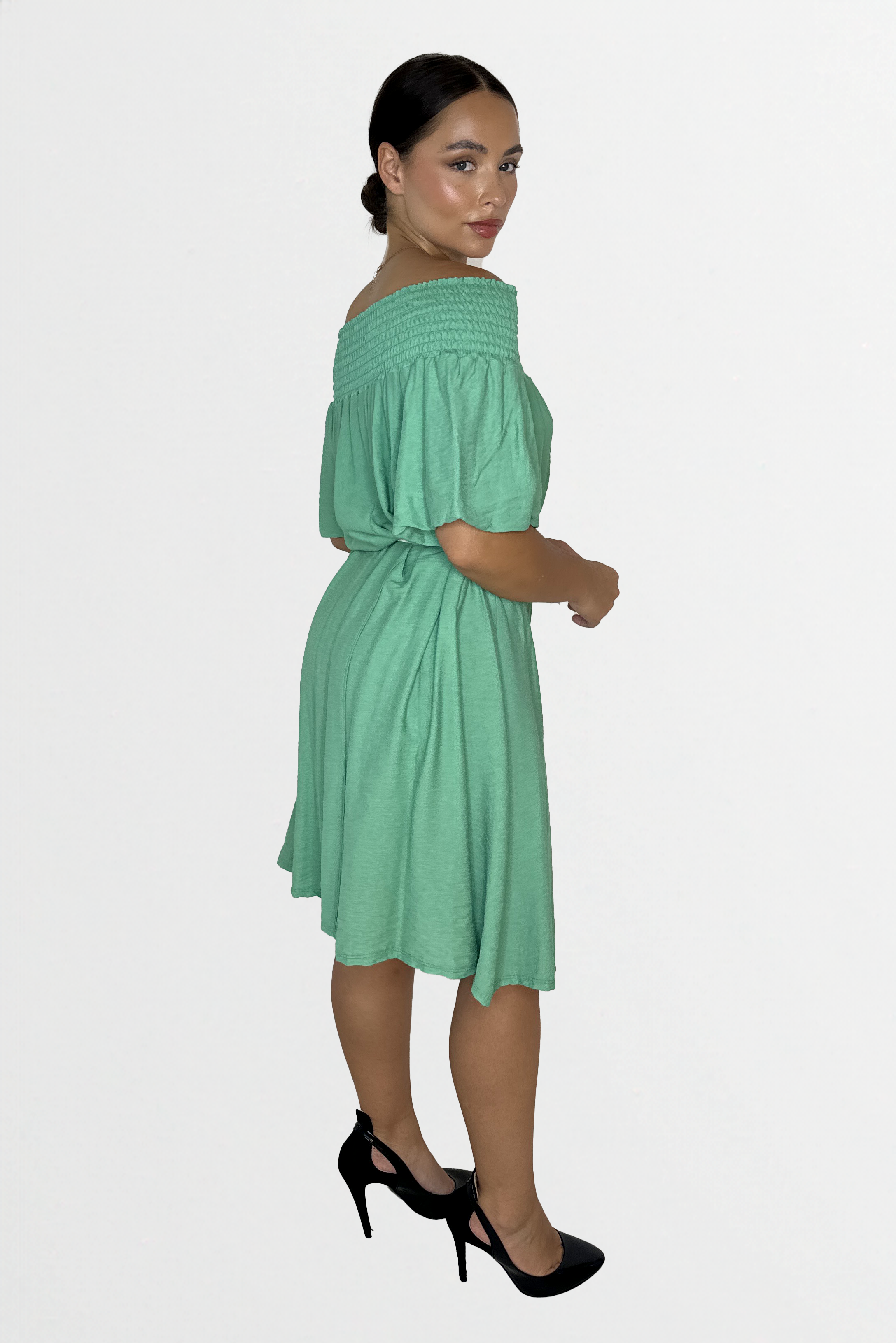 Off The Shoulder Belted Straight Cut Viscose Summer Dress-SinglePrice