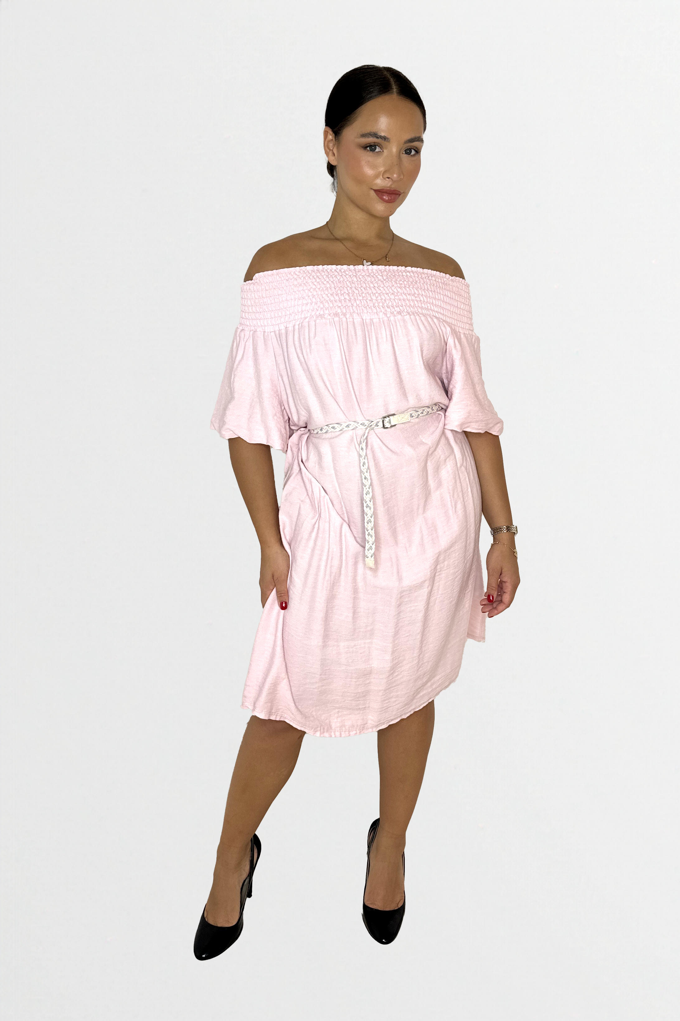 Off The Shoulder Belted Straight Cut Viscose Summer Dress-SinglePrice