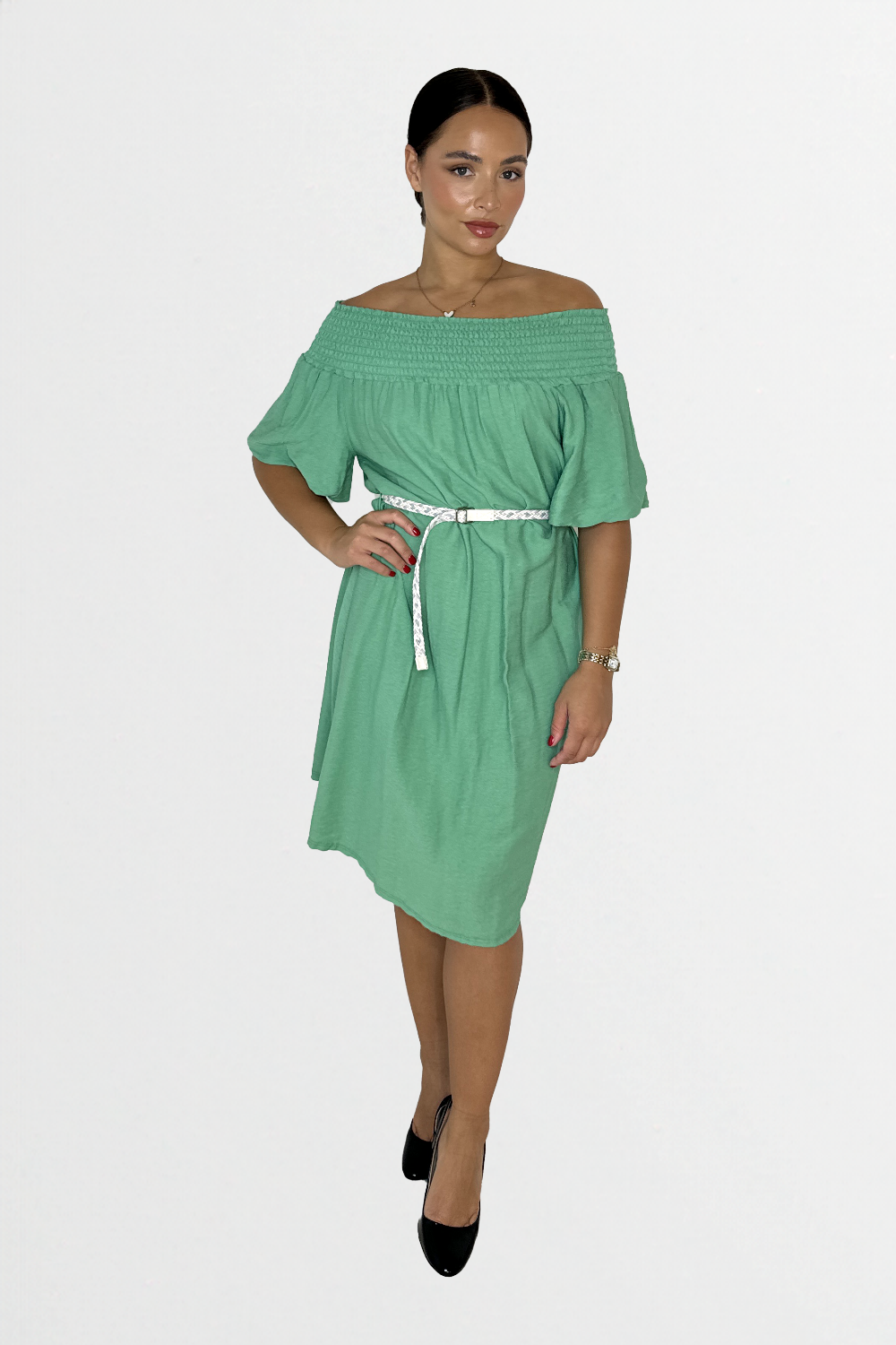 Off The Shoulder Belted Straight Cut Viscose Summer Dress-SinglePrice