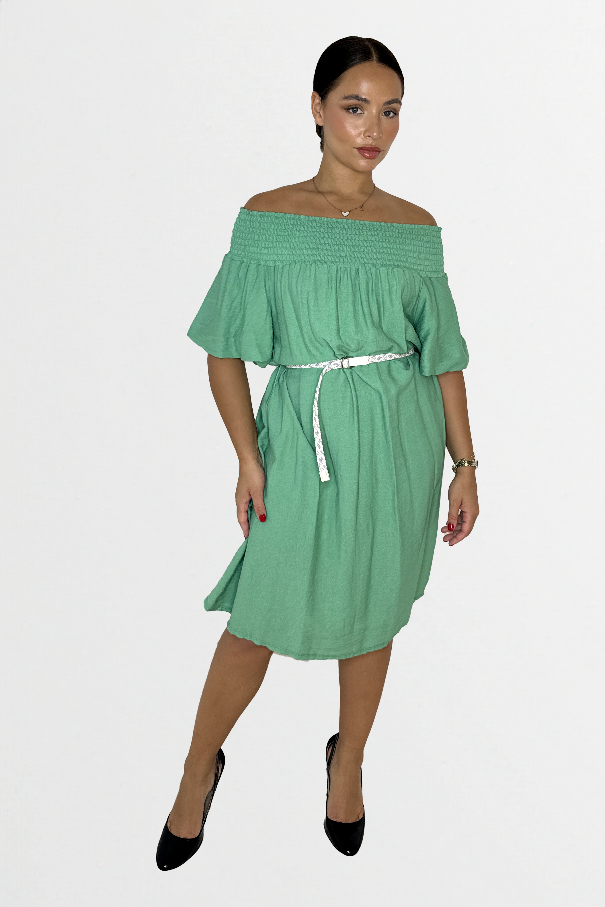 Off The Shoulder Belted Straight Cut Viscose Summer Dress-SinglePrice