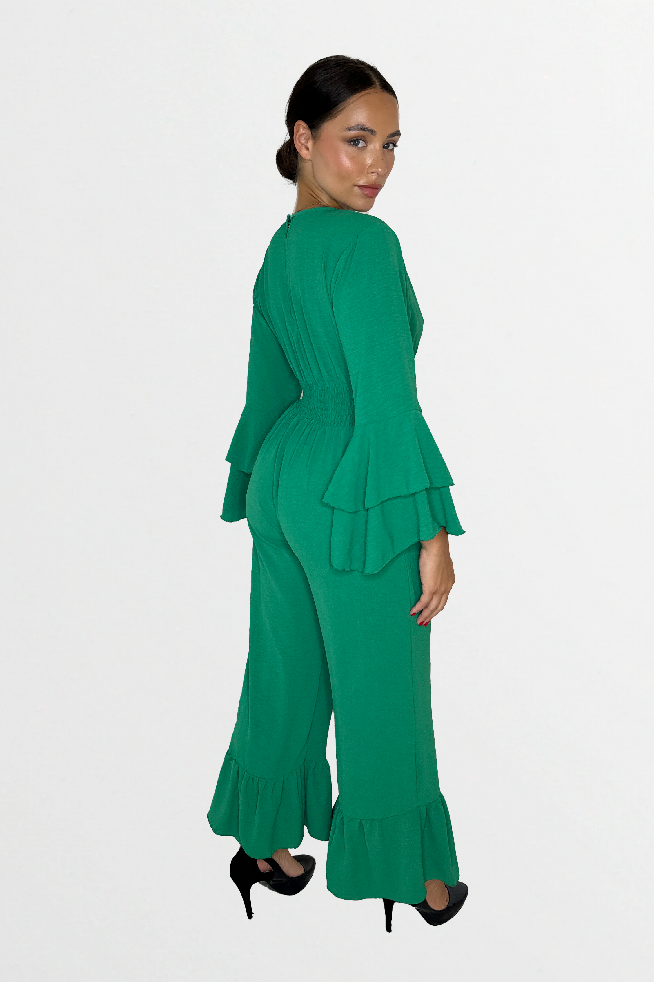 Low V-Cut Neck Bell Sleeve Cinched Waist Frill Wide Leg Petite Jumpsuit-SinglePrice