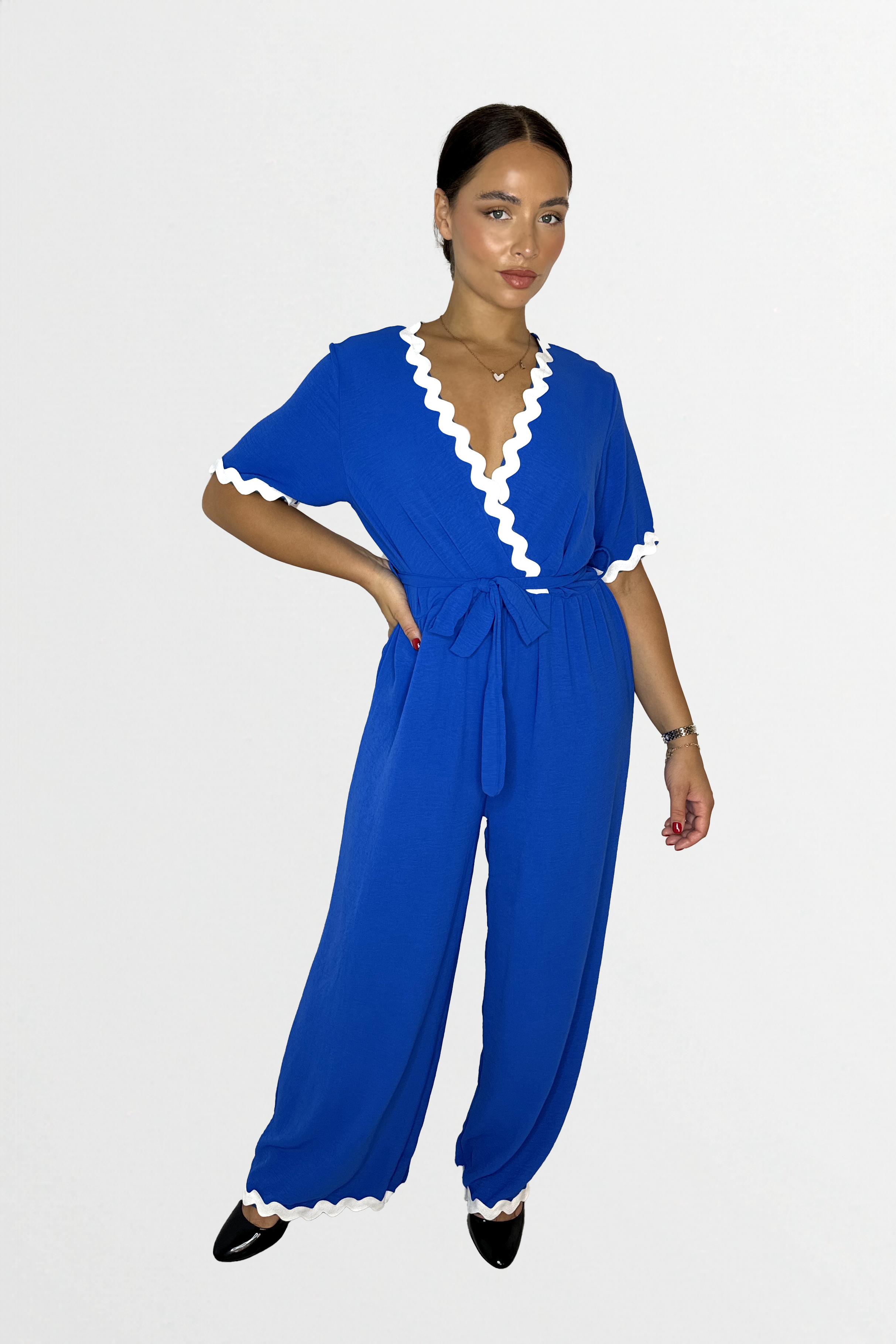 Low V-Cut Neck Wide Long Leg Tie Waist Short Sleeve Contrast Jumpsuit-SinglePrice