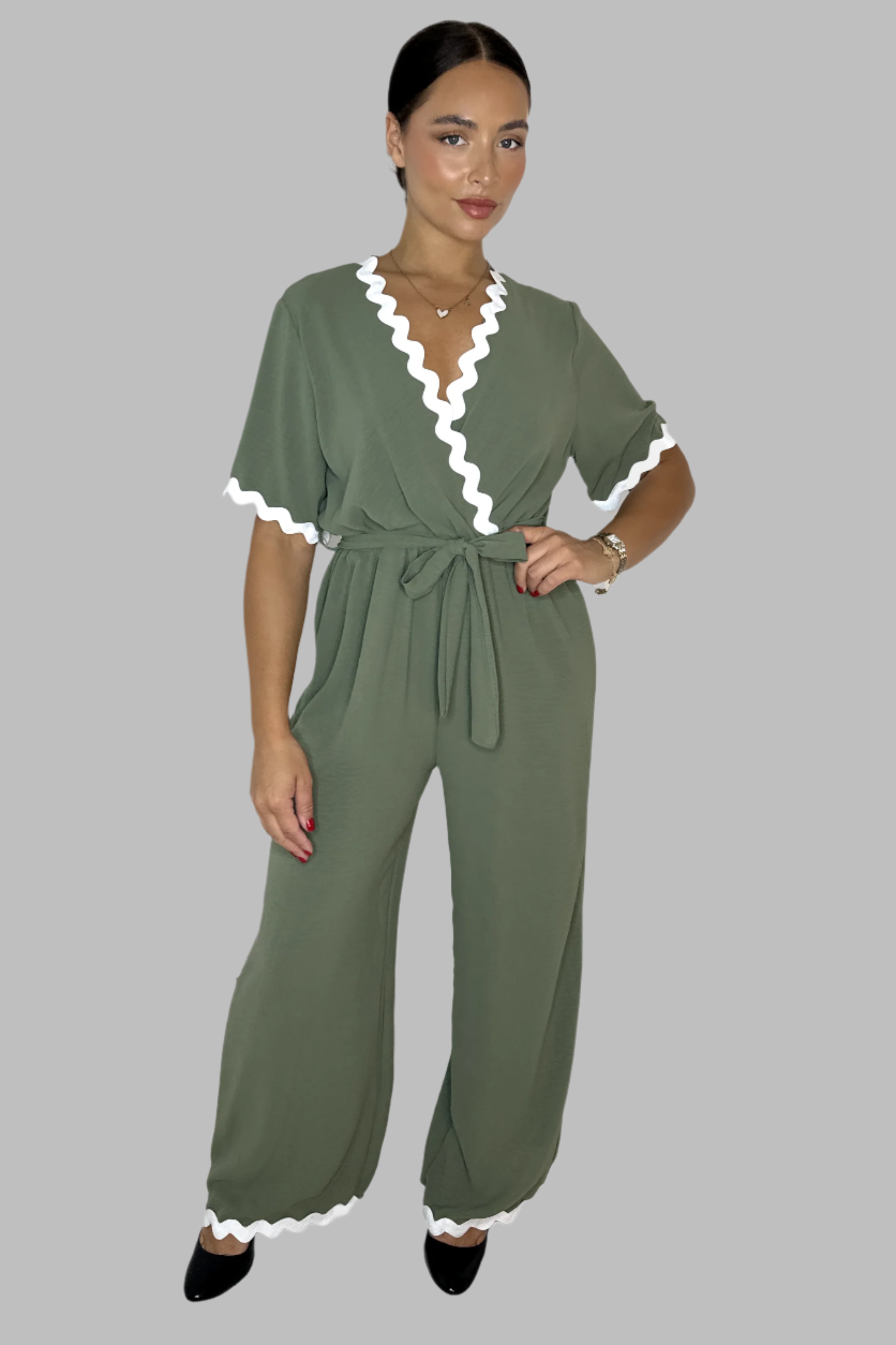 Low V-Cut Neck Wide Long Leg Tie Waist Short Sleeve Contrast Jumpsuit-SinglePrice