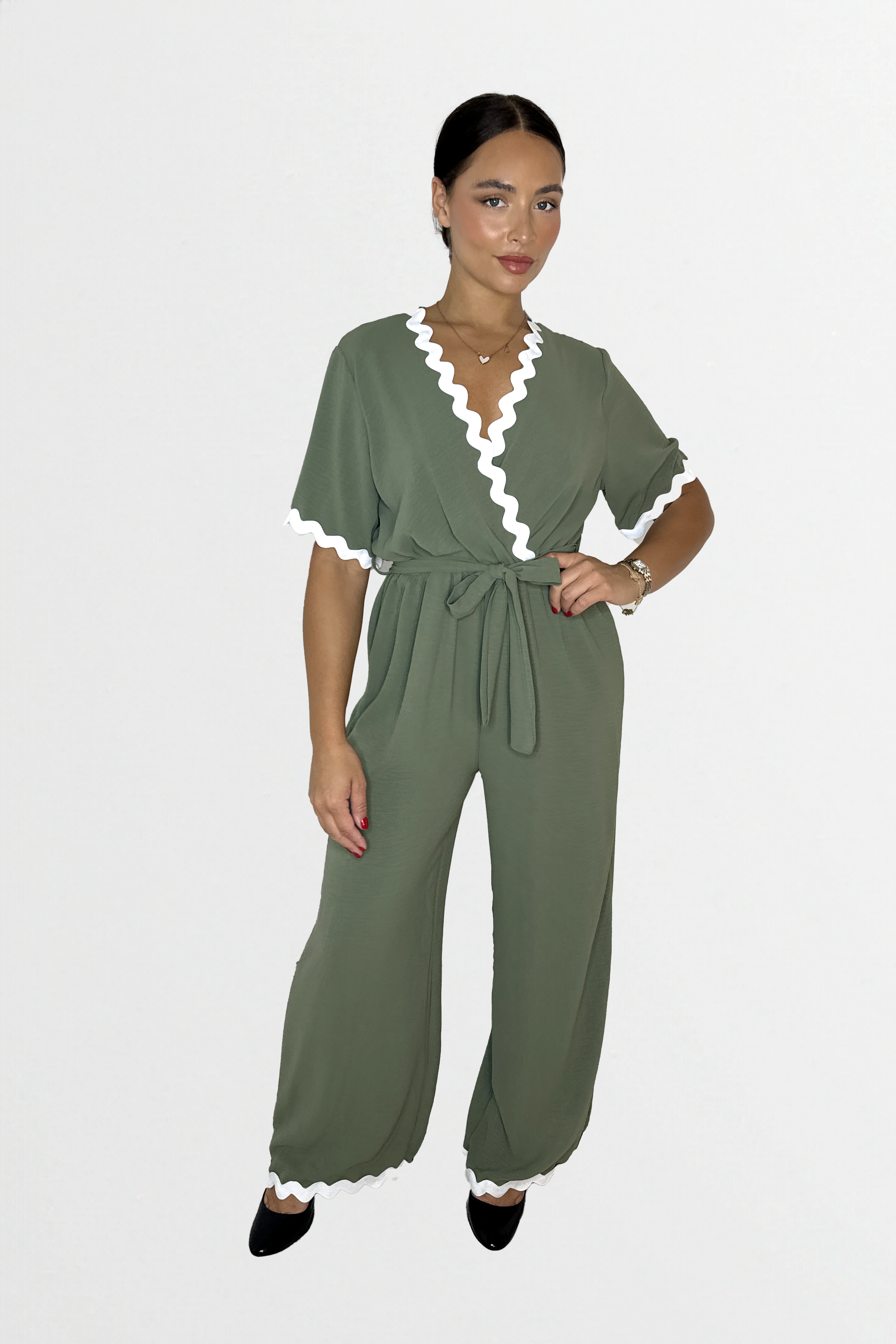 Low V-Cut Neck Wide Long Leg Tie Waist Short Sleeve Contrast Jumpsuit-SinglePrice