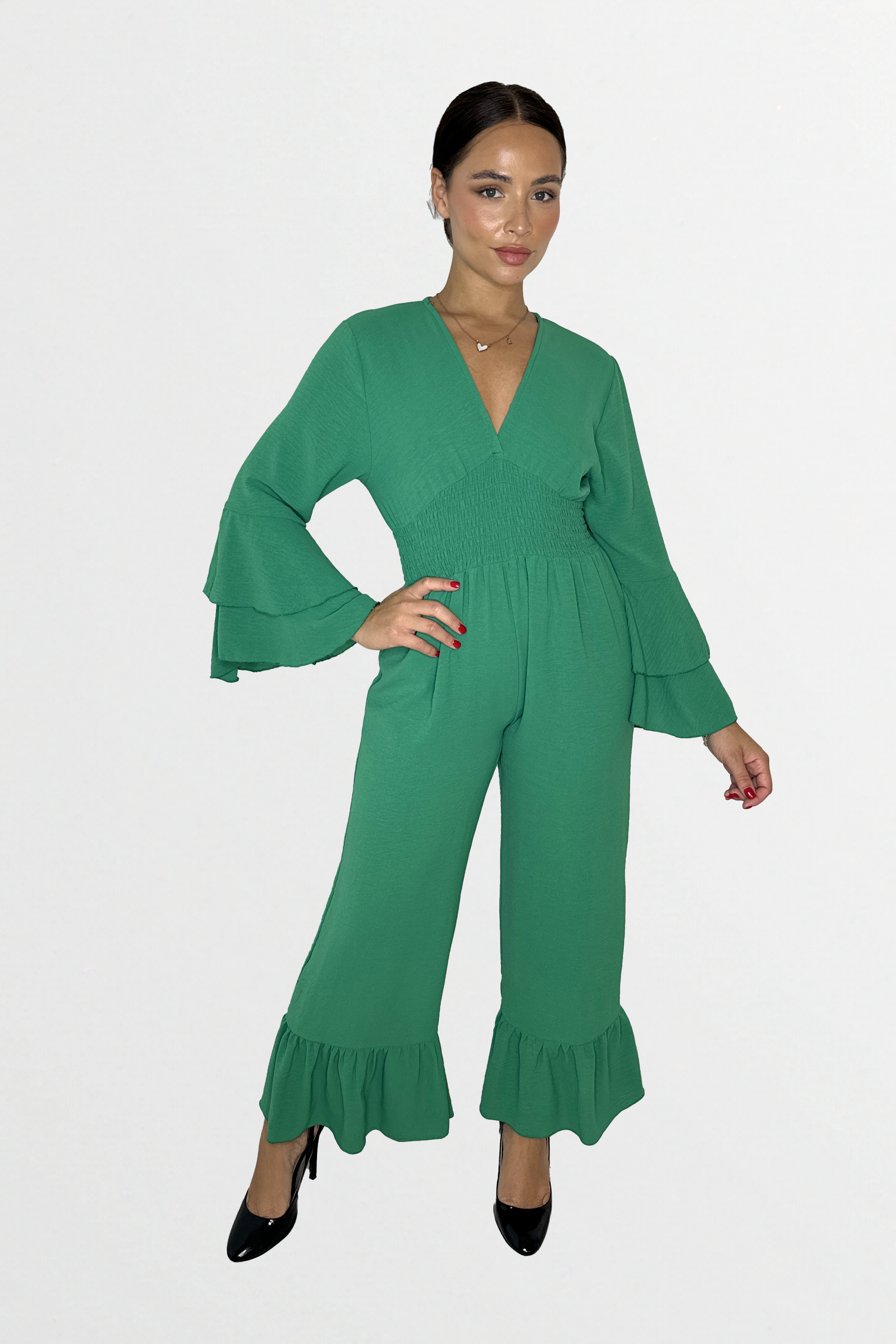 Low V-Cut Neck Bell Sleeve Cinched Waist Frill Wide Leg Petite Jumpsuit-SinglePrice