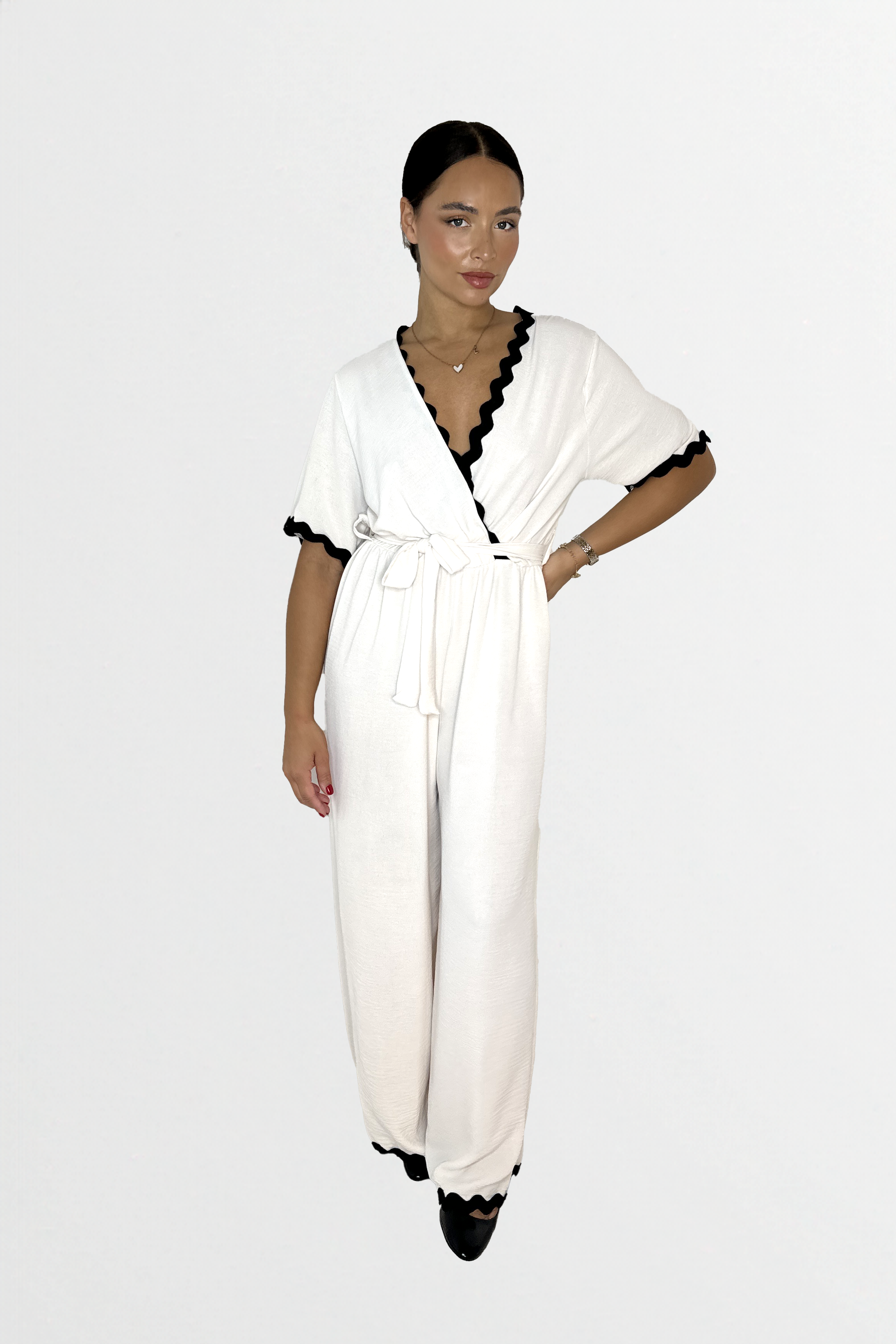 Low V-Cut Neck Wide Long Leg Tie Waist Short Sleeve Contrast Jumpsuit-SinglePrice