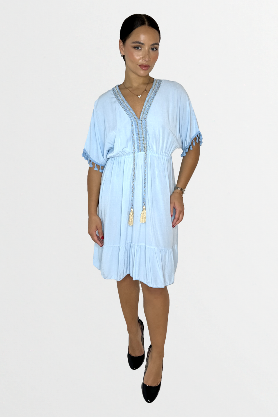 Lightweight Viscose Knee Length Tassle Bohemian Dress-SinglePrice