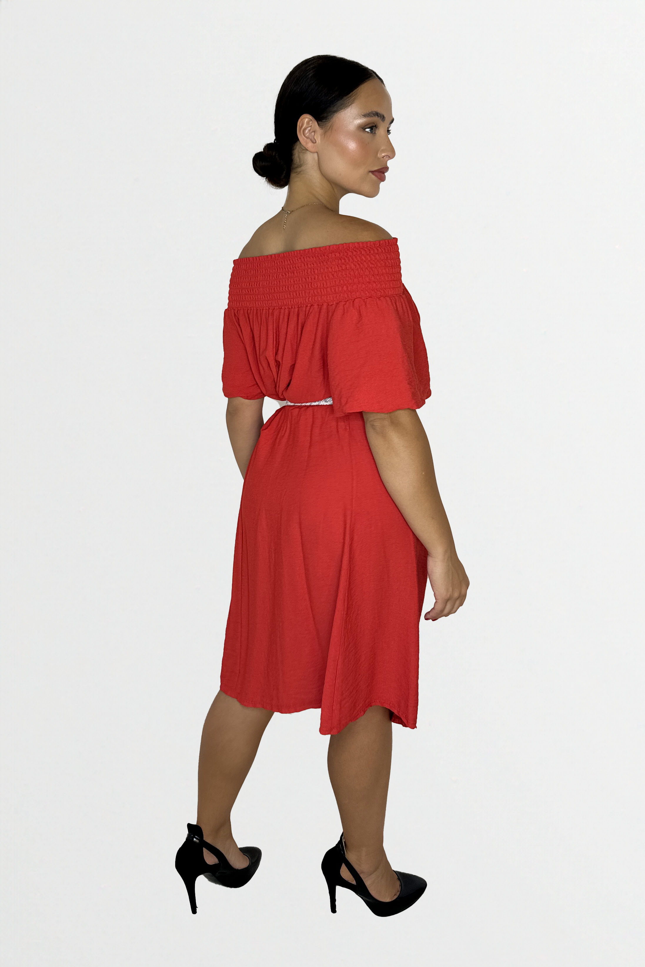 Off The Shoulder Belted Straight Cut Viscose Summer Dress-SinglePrice