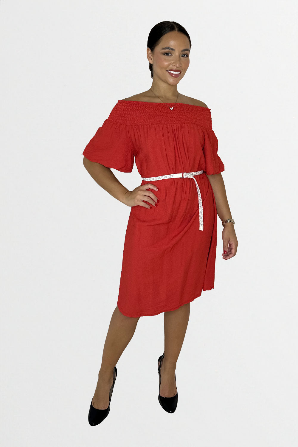 Off The Shoulder Belted Straight Cut Viscose Summer Dress-SinglePrice