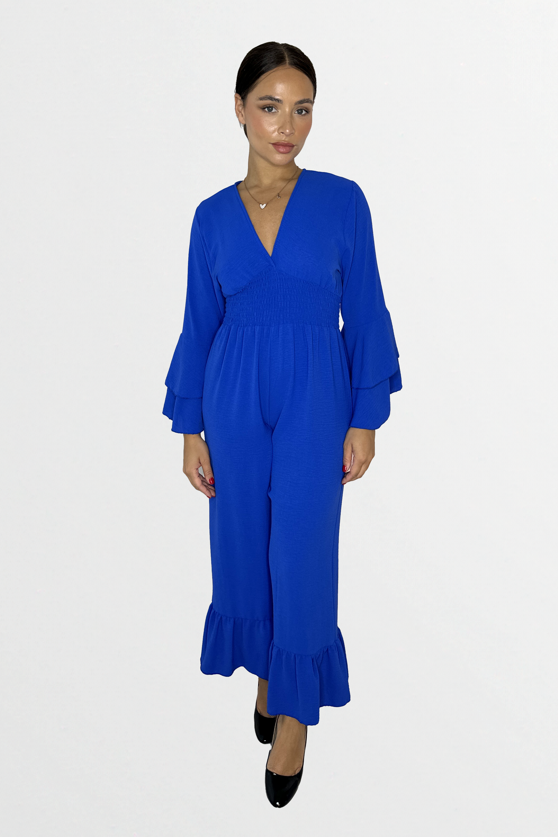 Low V-Cut Neck Bell Sleeve Cinched Waist Frill Wide Leg Petite Jumpsuit-SinglePrice