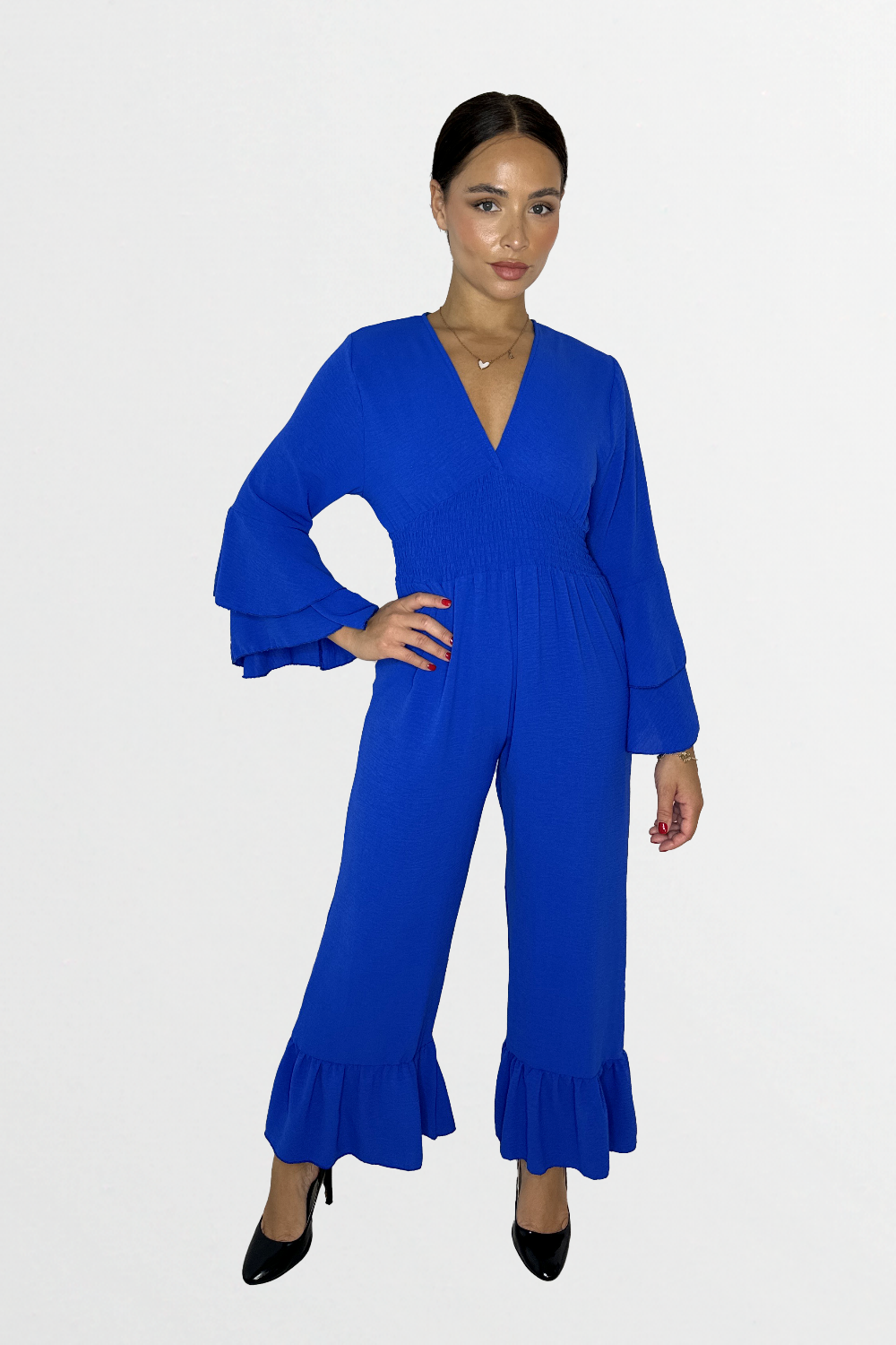 Low V-Cut Neck Bell Sleeve Cinched Waist Frill Wide Leg Petite Jumpsuit-SinglePrice