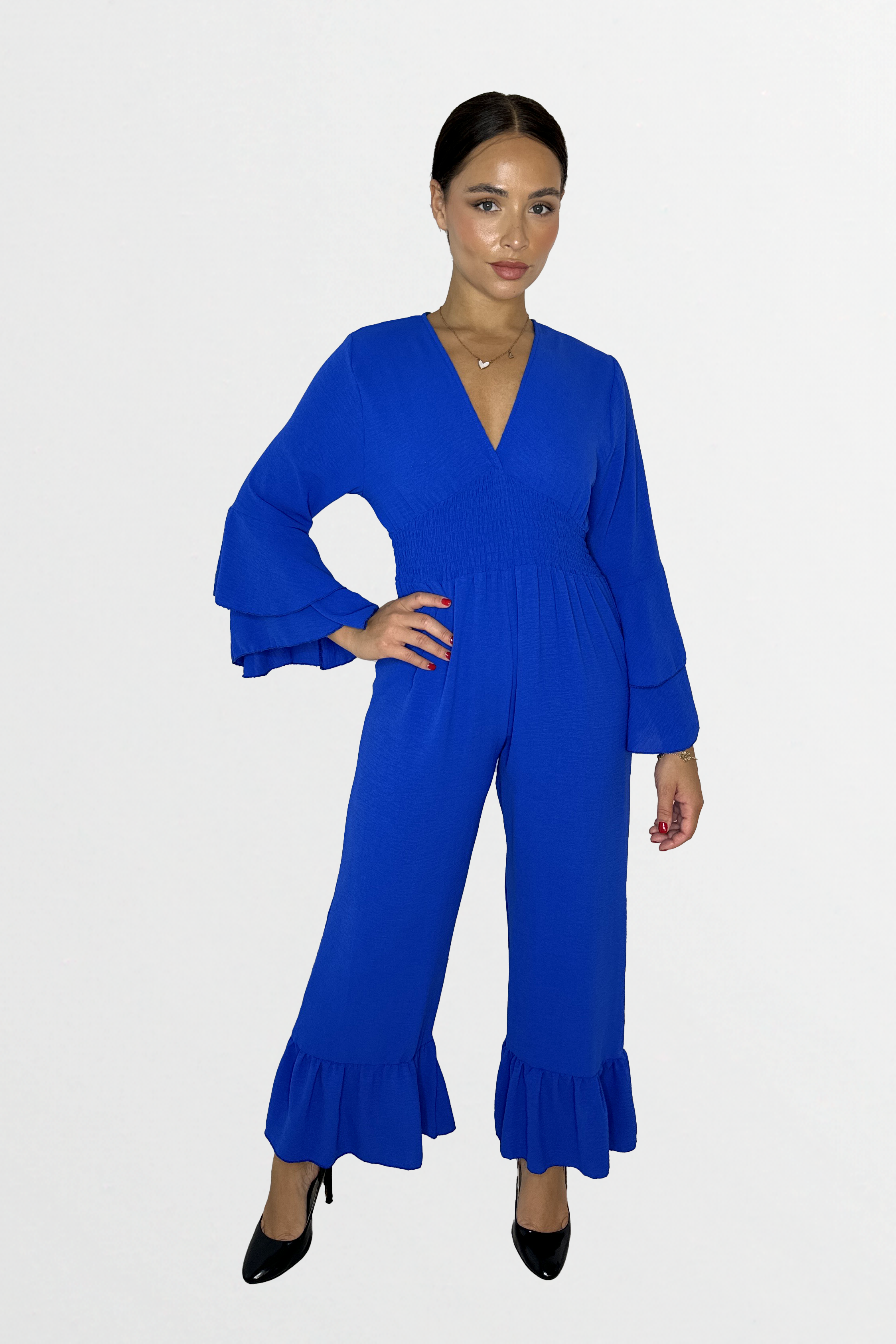 Low V-Cut Neck Bell Sleeve Cinched Waist Frill Wide Leg Petite Jumpsuit