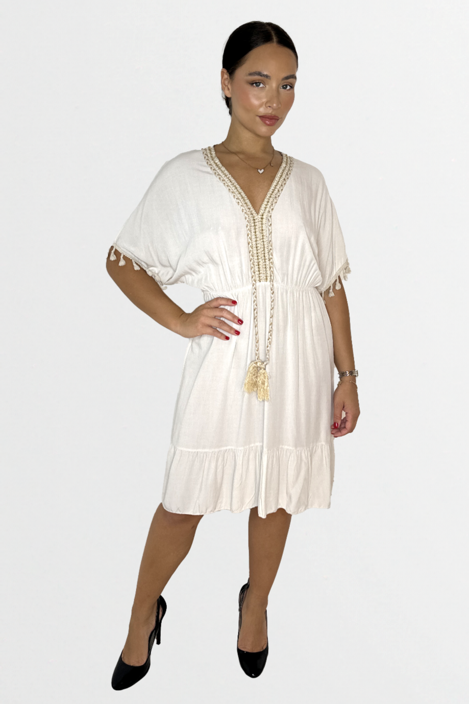 Lightweight Viscose Knee Length Tassle Bohemian Dress-SinglePrice