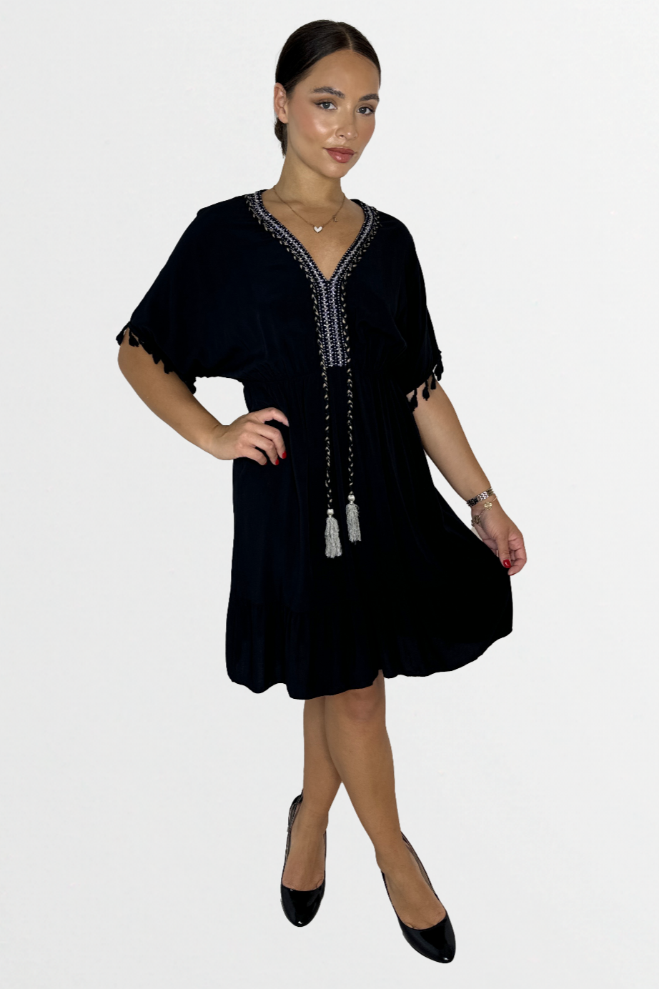 Lightweight Viscose Knee Length Tassle Bohemian Dress-SinglePrice