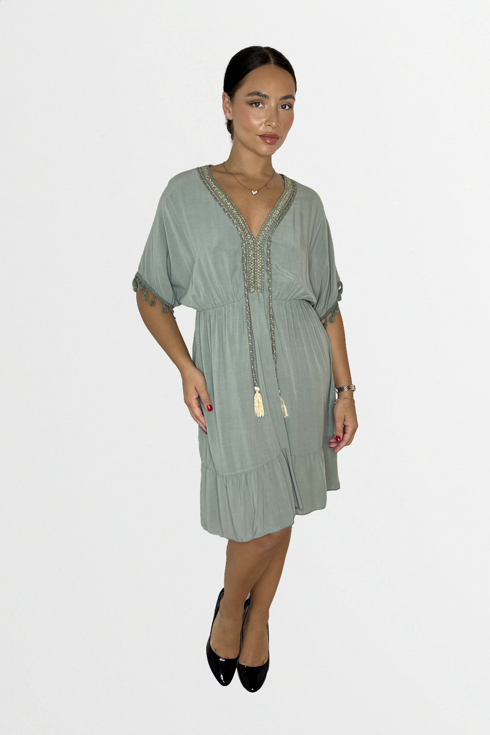 Lightweight Viscose Knee Length Tassle Bohemian Dress-SinglePrice