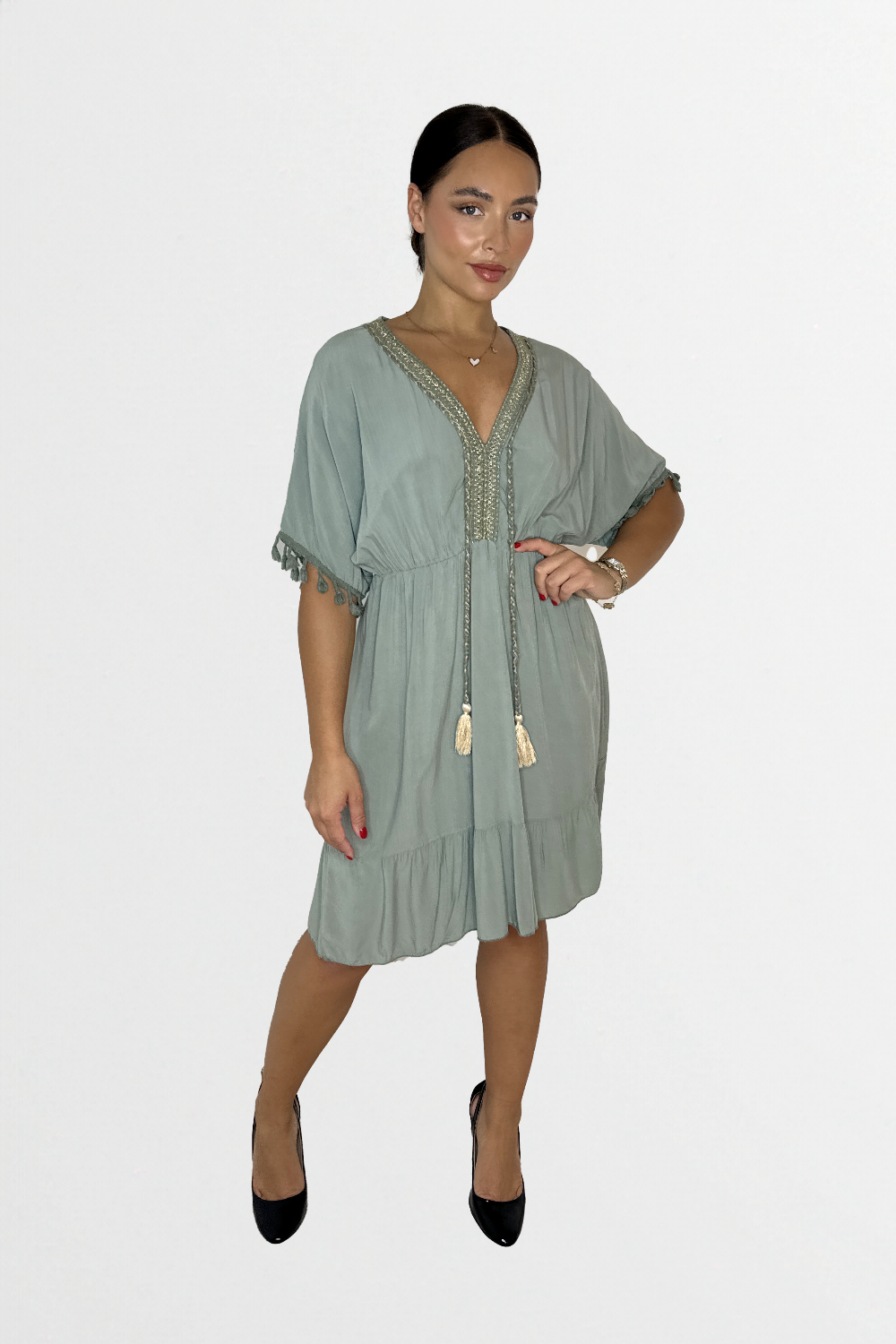 Lightweight Viscose Knee Length Tassle Bohemian Dress-SinglePrice