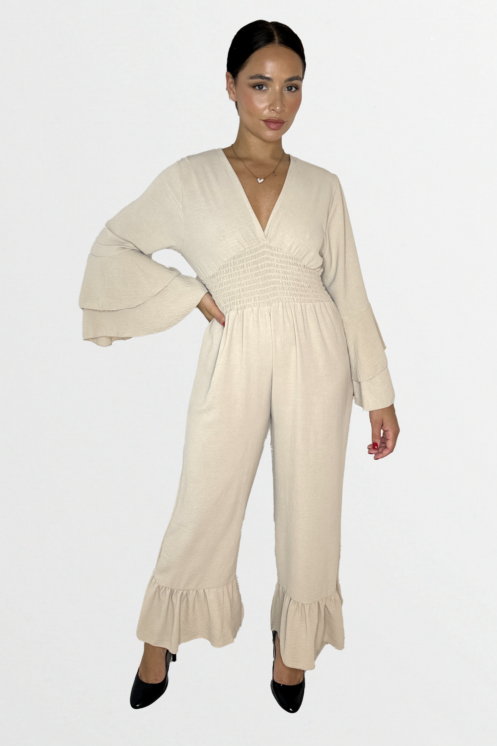 Low V-Cut Neck Bell Sleeve Cinched Waist Frill Wide Leg Petite Jumpsuit-SinglePrice