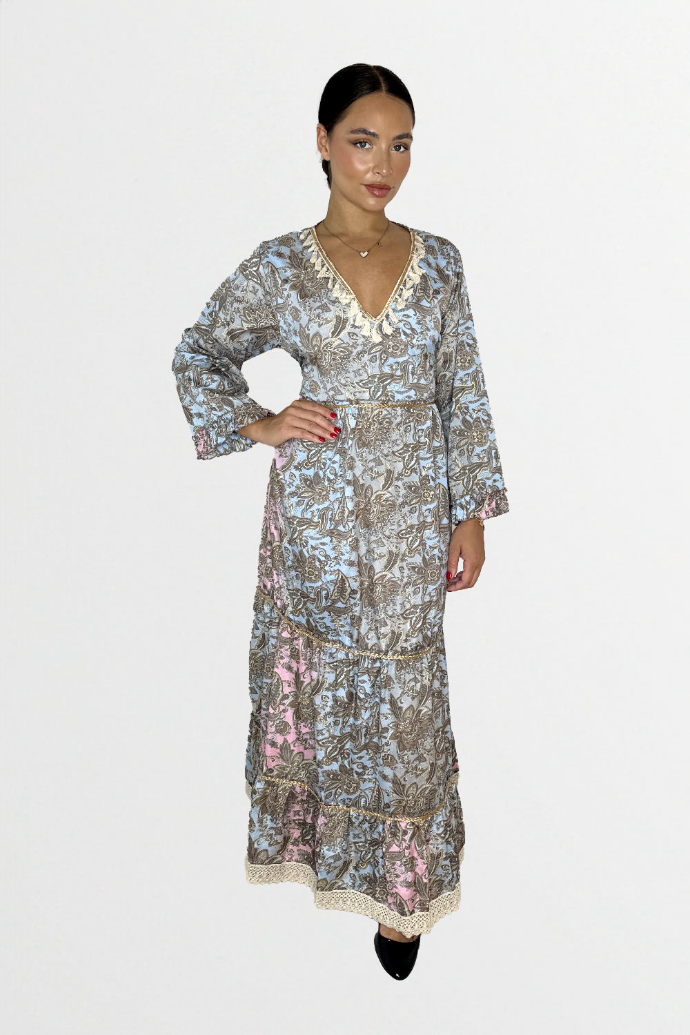 Floral Print Tie Waist Layered Modest Satin Long Dress-SinglePrice