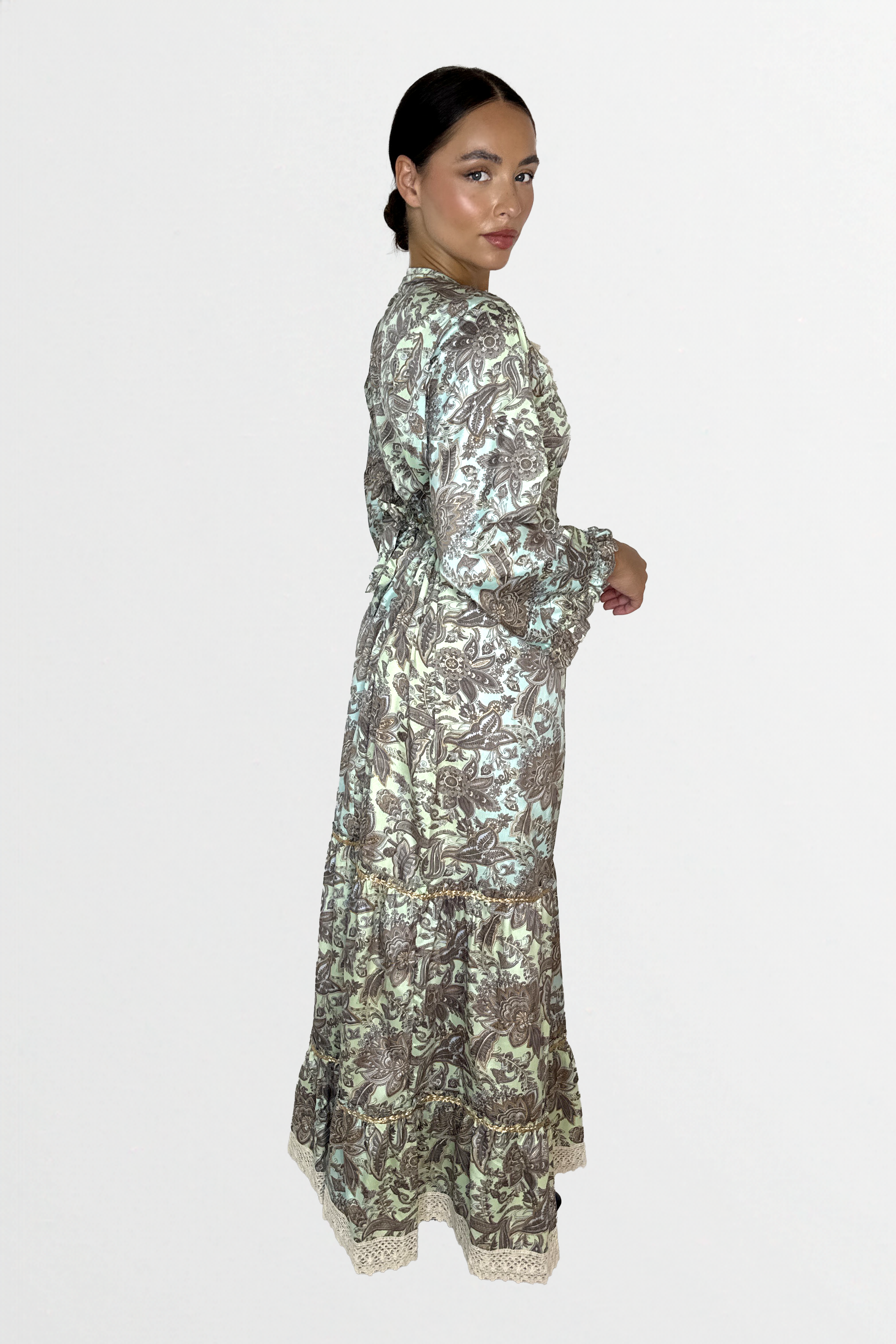 Floral Print Tie Waist Layered Modest Satin Long Dress-SinglePrice