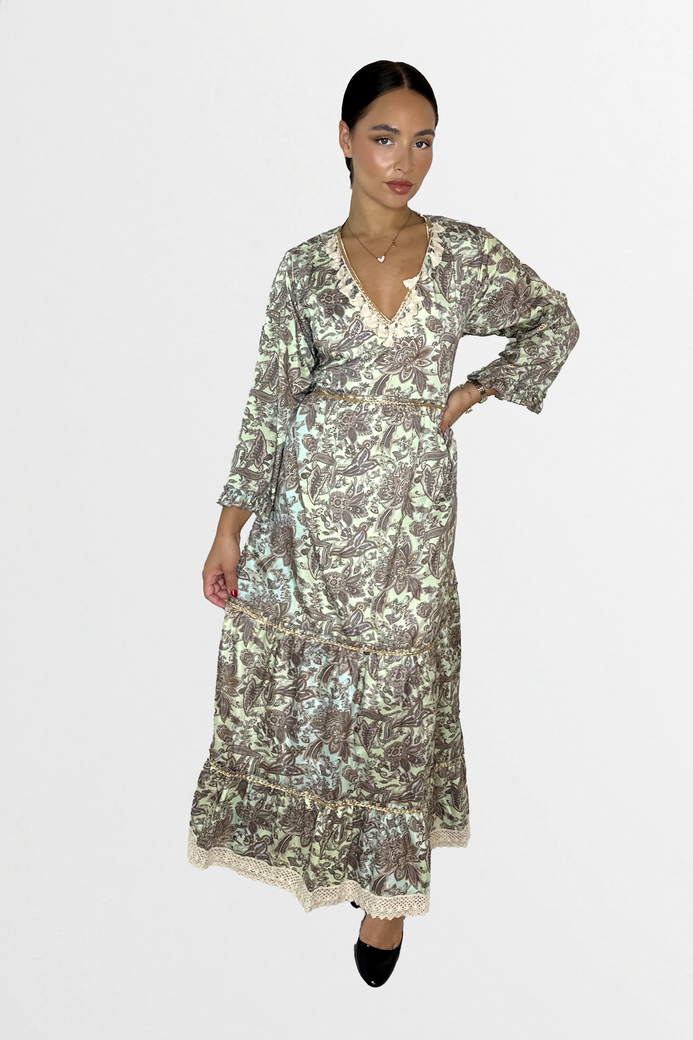 Floral Print Tie Waist Layered Modest Satin Long Dress-SinglePrice