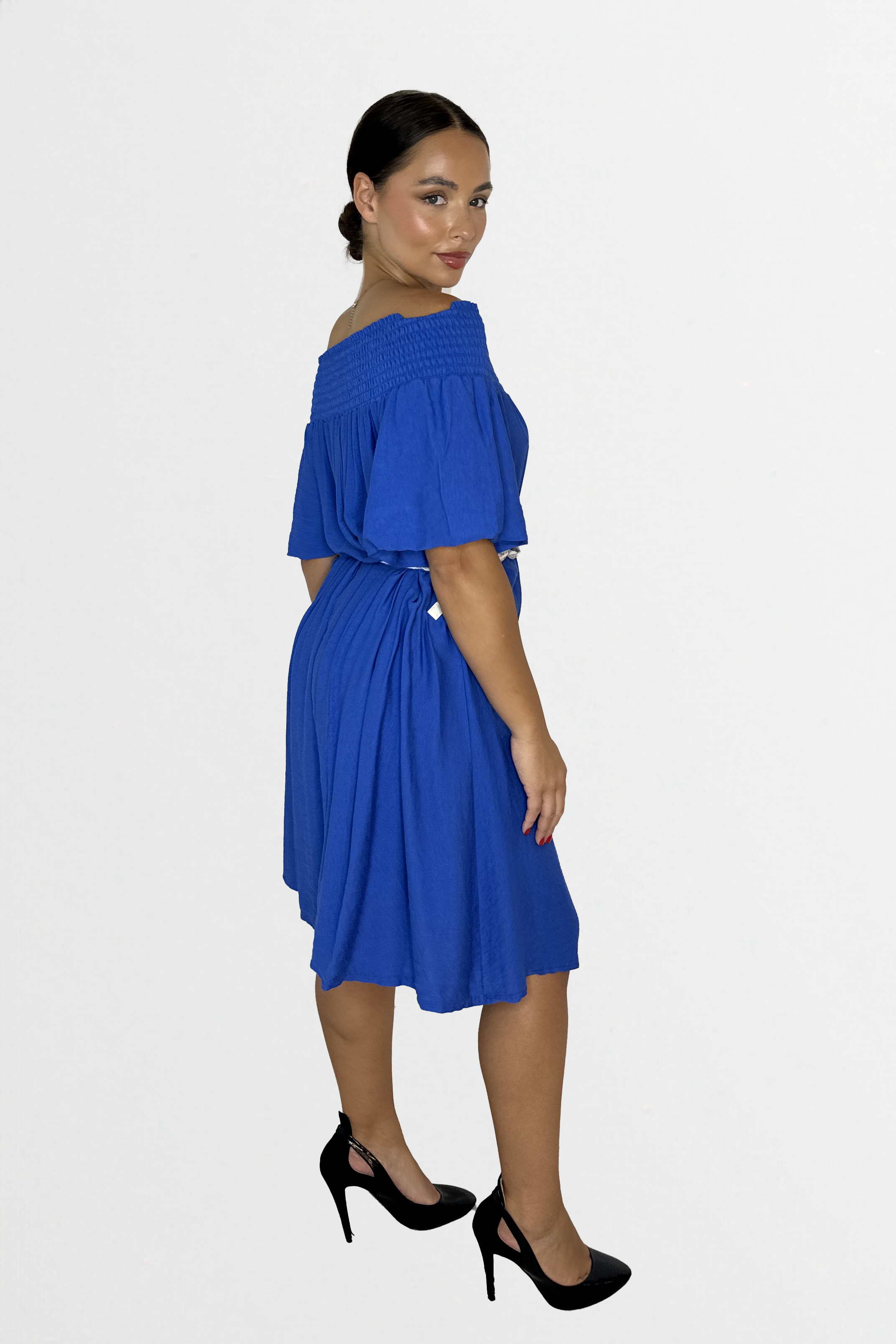 Off The Shoulder Belted Straight Cut Viscose Summer Dress-SinglePrice