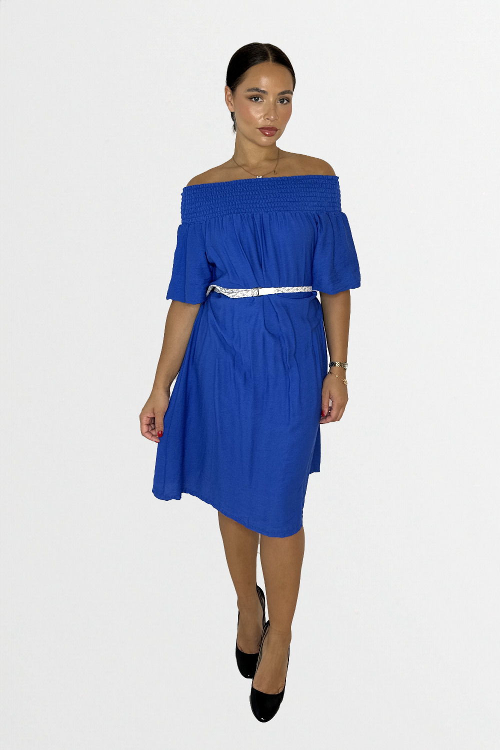 Off The Shoulder Belted Straight Cut Viscose Summer Dress-SinglePrice