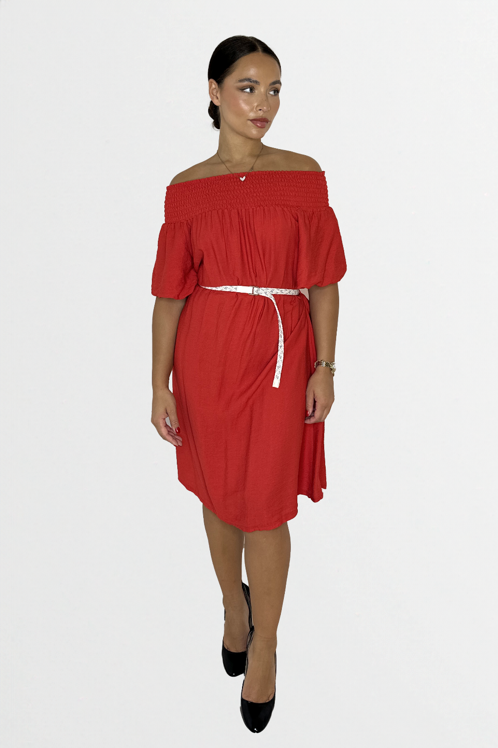 Off The Shoulder Belted Straight Cut Viscose Summer Dress-SinglePrice