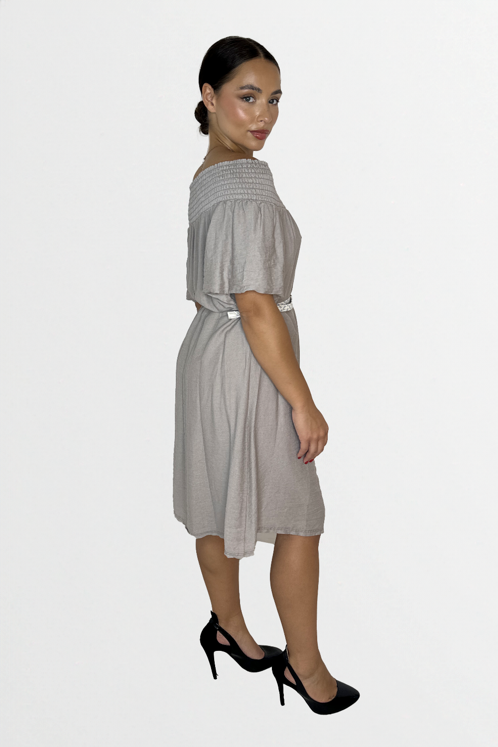 Off The Shoulder Belted Straight Cut Viscose Summer Dress-SinglePrice