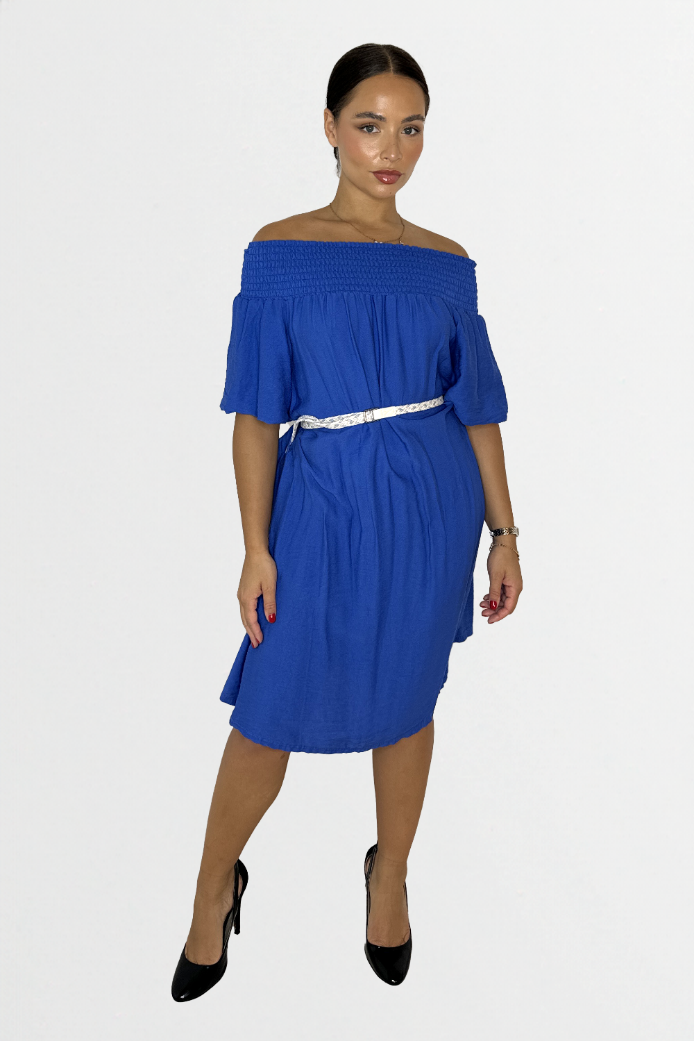 Off The Shoulder Belted Straight Cut Viscose Summer Dress-SinglePrice